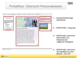 PortalNow: Übersicht Personalwesen 1 –  Anwesenheitsanzeige (Sametime) 2 –  WCM Portlet – Hingucker 3 –  WCM Portlet, übernimmt Nachrichten und Ereignisse der „Allgemein“-Kategorie 4 –  WCM Portlet, übernimmt die Highlights aus dem Bereich  „Von A-Z” 5 – WCM Portlet: Banner 