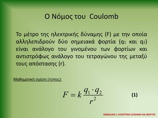 Ο Νόμος του Coulomb
Το μέτρο της ηλεκτρικής δύναμης (F) με την οποία
αλληλεπιδρούν δύο σημειακά φορτία (q1 και q2)
είναι ανάλογο του γινομένου των φορτίων και
αντιστρόφως ανάλογο του τετραγώνου της μεταξύ
τους απόστασης (r).
Μαθηματική σχέση (τύπος):
1 2
2
q q
F k
r

 (1)
ΚΕΦΑΛΑΙΟ 1 ΗΛΕΚΤΡΙΚΗ ΔYΝΑΜΗ ΚΑΙ ΦΟΡΤΙΟ
 