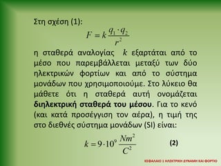 Στη σχέση (1):
η σταθερά αναλογίας k εξαρτάται από το
μέσο που παρεμβάλλεται μεταξύ των δύο
ηλεκτρικών φορτίων και από το σύστημα
μονάδων που χρησιμοποιούμε. Στο λύκειο θα
μάθετε ότι η σταθερά αυτή ονομάζεται
διηλεκτρική σταθερά του μέσου. Για το κενό
(και κατά προσέγγιση τον αέρα), η τιμή της
στο διεθνές σύστημα μονάδων (SI) είναι:
2
9
2
9 10
Nm
k
C
  (2)
ΚΕΦΑΛΑΙΟ 1 ΗΛΕΚΤΡΙΚΗ ΔYΝΑΜΗ ΚΑΙ ΦΟΡΤΙΟ
 