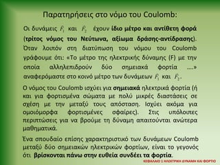 Οι δυνάμεις 1
F και 2
F έχουν ίδιο μέτρο και αντίθετη φορά
(τρίτος νόμος του Νεύτωνα, αξίωμα δράσης-αντίδρασης).
Όταν λοιπόν στη διατύπωση του νόμου του Coulomb
γράφουμε ότι: «Το μέτρο της ηλεκτρικής δύναμης (F) με την
οποία αλληλεπιδρούν δύο σημειακά φορτία ….»
αναφερόμαστε στο κοινό μέτρο των δυνάμεων 1
F και 2
F .
Παρατηρήσεις στο νόμο του Coulomb:
Ο νόμος του Coulomb ισχύει για σημειακά ηλεκτρικά φορτία (ή
και για φορτισμένα σώματα με πολύ μικρές διαστάσεις σε
σχέση με την μεταξύ τους απόσταση. Ισχύει ακόμα για
ομοιόμορφα φορτισμένες σφαίρες). Στις υπόλοιπες
περιπτώσεις για να βρούμε τη δύναμη απαιτούνται ανώτερα
μαθηματικά.
Ένα σπουδαίο επίσης χαρακτηριστικό των δυνάμεων Coulomb
μεταξύ δύο σημειακών ηλεκτρικών φορτίων, είναι το γεγονός
ότι βρίσκονται πάνω στην ευθεία συνδέει τα φορτία.
ΚΕΦΑΛΑΙΟ 1 ΗΛΕΚΤΡΙΚΗ ΔYΝΑΜΗ ΚΑΙ ΦΟΡΤΙΟ
 