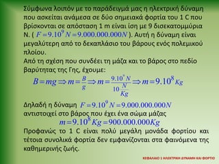 Σύμφωνα λοιπόν με το παράδειγμά μας η ηλεκτρική δύναμη
που ασκείται ανάμεσα σε δύο σημειακά φορτία του 1 C που
βρίσκονται σε απόσταση 1 m είναι ίση με 9 δισεκατομμύρια
N. ( ). Αυτή η δύναμη είναι
μεγαλύτερη από το δεκαπλάσιο του βάρους ενός πολεμικού
πλοίου.
Από τη σχέση που συνδέει τη μάζα και το βάρος στο πεδίο
βαρύτητας της Γης, έχουμε:
Δηλαδή η δύναμη
αντιστοιχεί στο βάρος που έχει ένα σώμα μάζας
Προφανώς το 1 C είναι πολύ μεγάλη μονάδα φορτίου και
τέτοια συνολικά φορτία δεν εμφανίζονται στα φαινόμενα της
καθημερινής ζωής.
9
9.10 9.000.000.000
F N N
 
9
9.10
10
8
9.10
B N
Kg
N
g
Kg
B mg m m m
      
9
9.10 9.000.000.000
F N N
 
8
900.000.000
9.10 Kg Kg
m 

ΚΕΦΑΛΑΙΟ 1 ΗΛΕΚΤΡΙΚΗ ΔYΝΑΜΗ ΚΑΙ ΦΟΡΤΙΟ
 