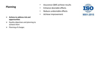 Planning
• Assurance QMS achieve results
• Enhance desirable effects
• Reduce undesirable effects
• Achieve improvement
 Actions to address risk and
opportunities
 Quality objectives and planning to
achieve them
 Planning of charges
 