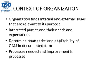 CONTEXT OF ORGANIZATION
• Organization finds Internal and external issues
that are relevant to its purpose
• interested parties and their needs and
expectations
• Determine boundaries and applicability of
QMS in documented form
• Processes needed and improvement in
processes
 