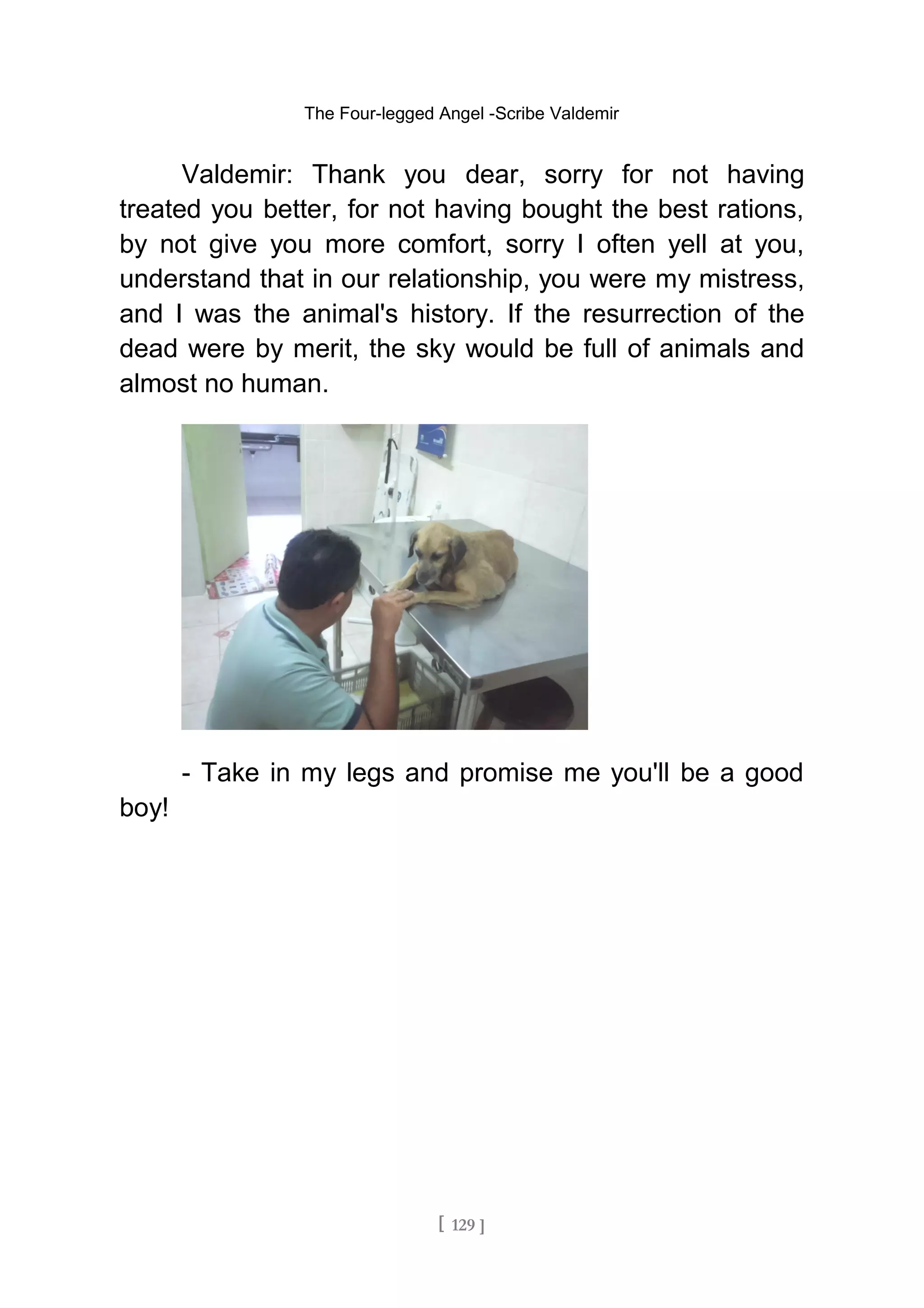 The Four-legged Angel -Scribe Valdemir
Valdemir: Thank you dear, sorry for not having
treated you better, for not having bought the best rations,
by not give you more comfort, sorry I often yell at you,
understand that in our relationship, you were my mistress,
and I was the animal's history. If the resurrection of the
dead were by merit, the sky would be full of animals and
almost no human.
- Take in my legs and promise me you'll be a good
boy!
[ 129 ]
 