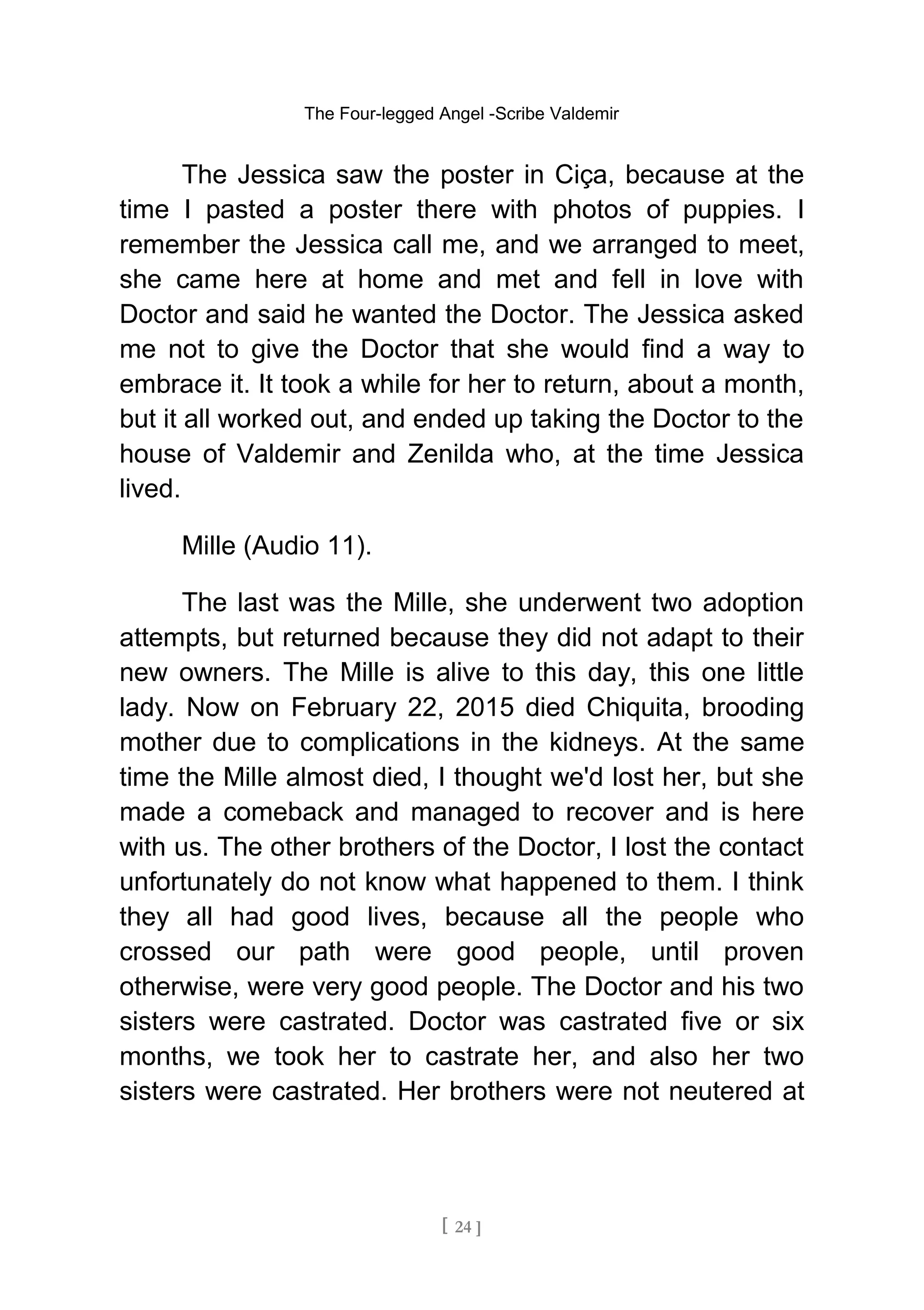 The Four-legged Angel -Scribe Valdemir
The Jessica saw the poster in Ciça, because at the
time I pasted a poster there with photos of puppies. I
remember the Jessica call me, and we arranged to meet,
she came here at home and met and fell in love with
Doctor and said he wanted the Doctor. The Jessica asked
me not to give the Doctor that she would find a way to
embrace it. It took a while for her to return, about a month,
but it all worked out, and ended up taking the Doctor to the
house of Valdemir and Zenilda who, at the time Jessica
lived.
Mille (Audio 11).
The last was the Mille, she underwent two adoption
attempts, but returned because they did not adapt to their
new owners. The Mille is alive to this day, this one little
lady. Now on February 22, 2015 died Chiquita, brooding
mother due to complications in the kidneys. At the same
time the Mille almost died, I thought we'd lost her, but she
made a comeback and managed to recover and is here
with us. The other brothers of the Doctor, I lost the contact
unfortunately do not know what happened to them. I think
they all had good lives, because all the people who
crossed our path were good people, until proven
otherwise, were very good people. The Doctor and his two
sisters were castrated. Doctor was castrated five or six
months, we took her to castrate her, and also her two
sisters were castrated. Her brothers were not neutered at
[ 24 ]
 