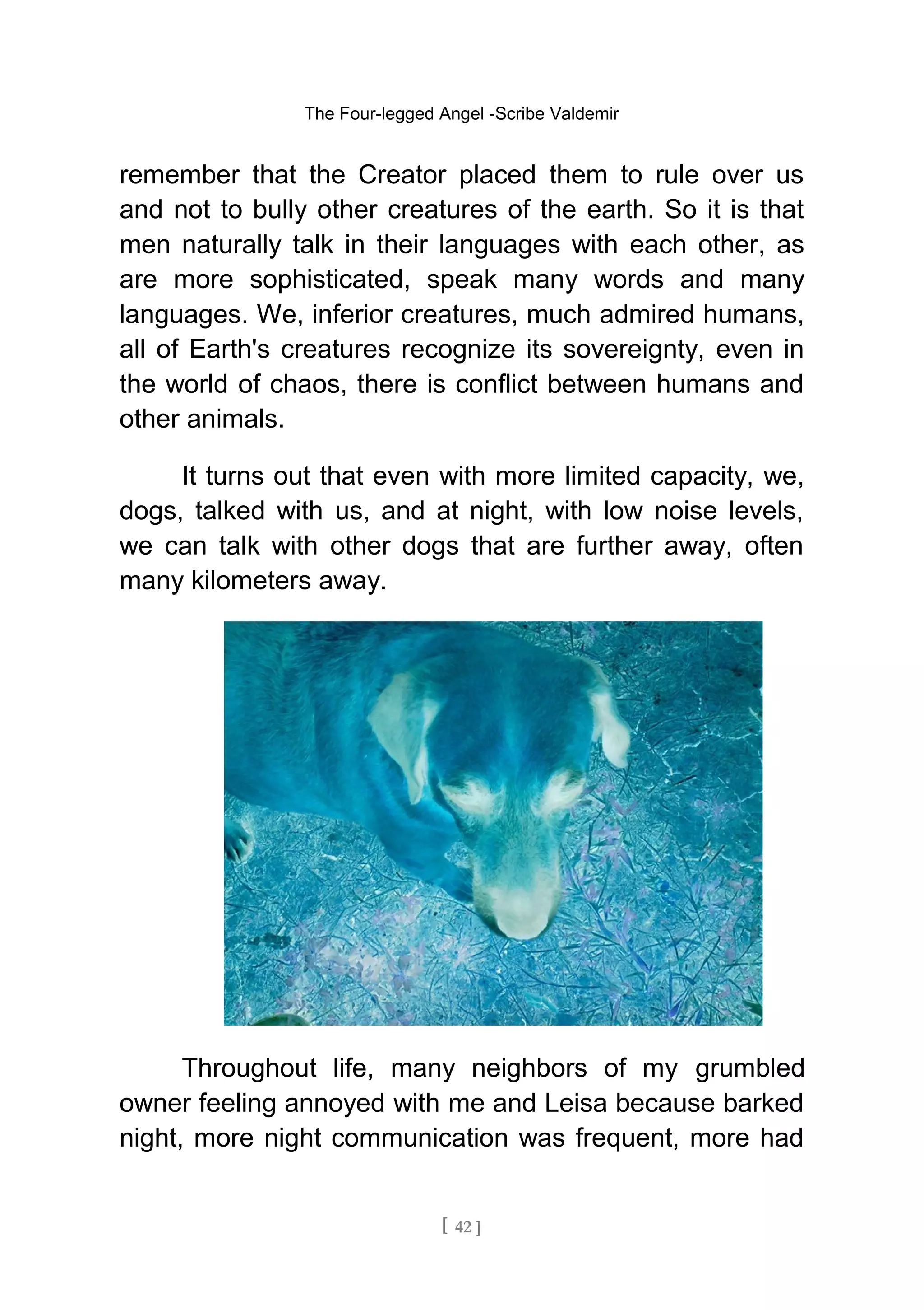 The Four-legged Angel -Scribe Valdemir
remember that the Creator placed them to rule over us
and not to bully other creatures of the earth. So it is that
men naturally talk in their languages with each other, as
are more sophisticated, speak many words and many
languages. We, inferior creatures, much admired humans,
all of Earth's creatures recognize its sovereignty, even in
the world of chaos, there is conflict between humans and
other animals.
It turns out that even with more limited capacity, we,
dogs, talked with us, and at night, with low noise levels,
we can talk with other dogs that are further away, often
many kilometers away.
Throughout life, many neighbors of my grumbled
owner feeling annoyed with me and Leisa because barked
night, more night communication was frequent, more had
[ 42 ]
 