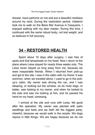 The Four-legged Angel -Scribe Valdemir
shower, have perfume on me and put a beautiful necklace
around my neck. During the restoration period, Valdemir
took me to walk on the Beira Mar Avenue in Casqueiro. I
enjoyed walking with my dear master. During this time, I
continued with the same robust body, not lost weight, and
so believed in full recovery.
34 - RESTORED HEALTH
Spent about 15 days after surgery, I was free of
spots and that lampshade on his head. Now I return to the
place where Leisa stayed for nearly three weeks only. The
Leisa never stayed so long away from me, because we
were inseparable friends. When I returned from pick-up
and got to the site, I was in the cabin with my friend. It was
common, when we traveled alone, I used to go in the pick-
up’s cabin. My owner was driving the car, and I was
sleeping, or looking out the window, as do most dogs, or
better, was looking to my owner, and when he looked to
the side and saw me looking at him, and he passed his
hand on my head, caressing.
I arrived at the site and runs with Leisa, felt good
after the operation. My owner was planted with palm
seedlings and tools and we both did the biggest party,
cheerful, because we would walk in the woods. We dogs
rejoice in little things. We are happy because we do not
[ 110 ]
 