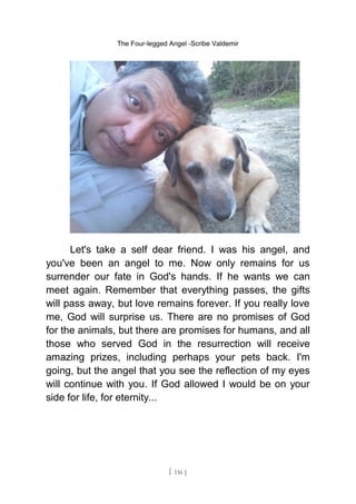 The Four-legged Angel -Scribe Valdemir
Let's take a self dear friend. I was his angel, and
you've been an angel to me. Now only remains for us
surrender our fate in God's hands. If he wants we can
meet again. Remember that everything passes, the gifts
will pass away, but love remains forever. If you really love
me, God will surprise us. There are no promises of God
for the animals, but there are promises for humans, and all
those who served God in the resurrection will receive
amazing prizes, including perhaps your pets back. I'm
going, but the angel that you see the reflection of my eyes
will continue with you. If God allowed I would be on your
side for life, for eternity...
[ 116 ]
 