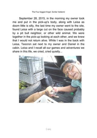 The Four-legged Angel -Scribe Valdemir
September 28, 2015, in the morning my owner took
me and put in the pick-up's body, along with Leisa as
doom little is silly, the last time my owner went to the site,
found Leisa with a large cut on the face caused probably
by a pit bull neighbor, or other wild animal. We were
together in the pick-up looking at each other, and we knew
that I would not return alive. While I was in the back with
Leisa, Teocron sat next to my owner and Daniel in the
cabin. Leisa and I recall all our games and adventures we
share in this life, we cried, cried quietly...
[ 123 ]
 