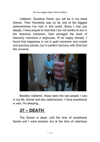 The Four-legged Angel -Scribe Valdemir
Valdemir: Goodbye friend, you will be in my heart
forever. Their friendship was so far one of the biggest
achievements I've had in this world. Since I met you
deeply, I have prayed to God that I am not worthy to live in
the heavenly mansions, God arranged the back of
heavenly mansions a doghouse, I'll be happy already. I
found that happiness is not in gold mansions and crystal
and precious stones, but in perfect harmony with God and
the universe.
Besides Valdemir, these were the last people I saw
in my life, Daniel and two veterinarians. I have anesthesia
in vein, I'm sleeping...
37 – DEATH
The Doctor is dead, until the time of anesthesia
Daniel and I were present, but at the time of veterinary
[ 134 ]
 