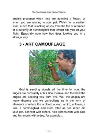 The Four-legged Angel -Scribe Valdemir
angelic presence when they are admiring a flower, or
when you are relating to your pet. Watch for a sudden
wind, a bird that is looking at you from the top of a branch
of a butterfly or hummingbird that almost hits you on your
flight. Especially note how has dogs looking you in a
strange way.
3 - ART CAMOUFLAGE
God is sending signals all the time for you, the
angels are constantly at his side. Believe and feel how the
angels are keeping you from evil. We, the angels are
many discrete and we camouflage us in the form of
elements of nature like a cloud, a wind, a bird, a flower, a
tree, a hummingbird, and more often as pet. When die
your pet, connect with others, hold communion with God
and his angels with a dog, for example...
[ 150 ]
 