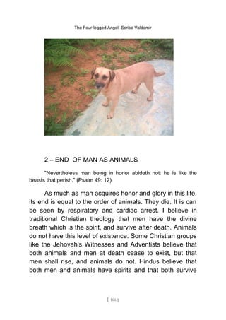 The Four-legged Angel -Scribe Valdemir
2 – END OF MAN AS ANIMALS
"Nevertheless man being in honor abideth not: he is like the
beasts that perish." (Psalm 49: 12)
As much as man acquires honor and glory in this life,
its end is equal to the order of animals. They die. It is can
be seen by respiratory and cardiac arrest. I believe in
traditional Christian theology that men have the divine
breath which is the spirit, and survive after death. Animals
do not have this level of existence. Some Christian groups
like the Jehovah's Witnesses and Adventists believe that
both animals and men at death cease to exist, but that
men shall rise, and animals do not. Hindus believe that
both men and animals have spirits and that both survive
[ 166 ]
 