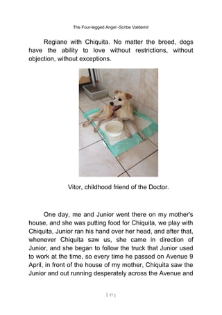 The Four-legged Angel -Scribe Valdemir
Regiane with Chiquita. No matter the breed, dogs
have the ability to love without restrictions, without
objection, without exceptions.
Vitor, childhood friend of the Doctor.
One day, me and Junior went there on my mother's
house, and she was putting food for Chiquita, we play with
Chiquita, Junior ran his hand over her head, and after that,
whenever Chiquita saw us, she came in direction of
Junior, and she began to follow the truck that Junior used
to work at the time, so every time he passed on Avenue 9
April, in front of the house of my mother, Chiquita saw the
Junior and out running desperately across the Avenue and
[ 17 ]
 