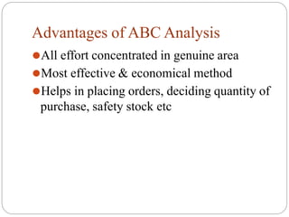 Advantages of ABC Analysis
⚫All effort concentrated in genuine area
⚫Most effective & economical method
⚫Helps in placing orders, deciding quantity of
purchase, safety stock etc
 