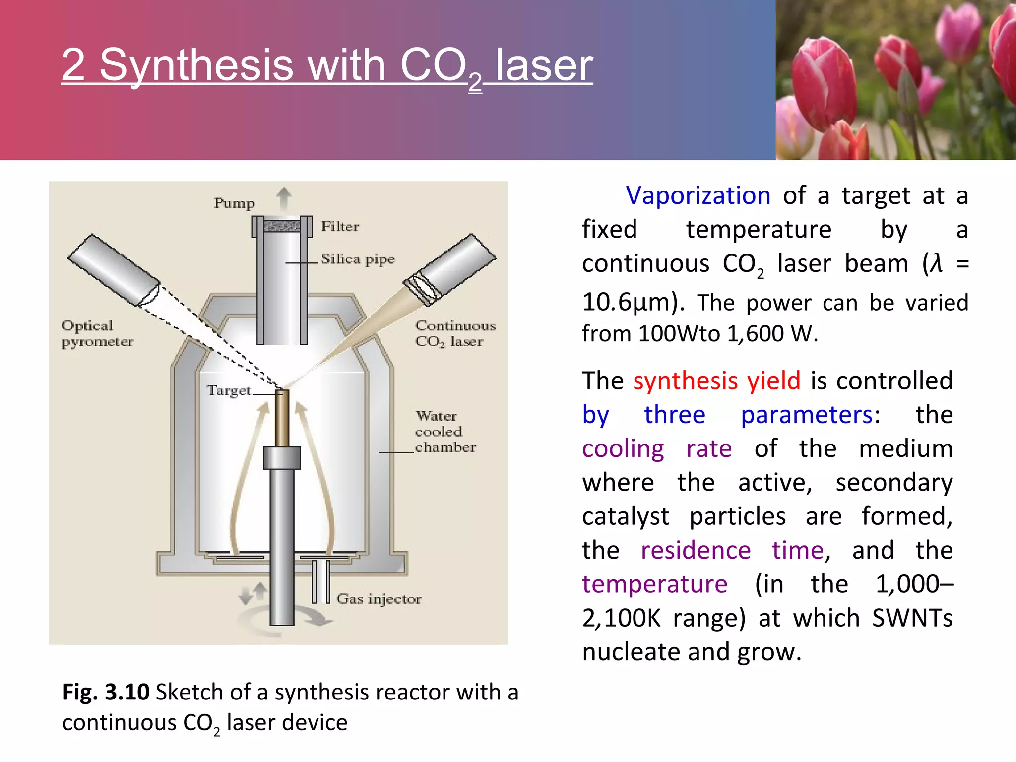 2 Synthesis with CO2 laser
Fig. 3.10 Sketch of a synthesis reactor with a
continuous CO2 laser device
Vaporization of a target at a
fixed temperature by a
continuous CO2 laser beam (λ =
10.6μm). The power can be varied
from 100Wto 1,600 W.
The synthesis yield is controlled
by three parameters: the
cooling rate of the medium
where the active, secondary
catalyst particles are formed,
the residence time, and the
temperature (in the 1,000–
2,100K range) at which SWNTs
nucleate and grow.
 