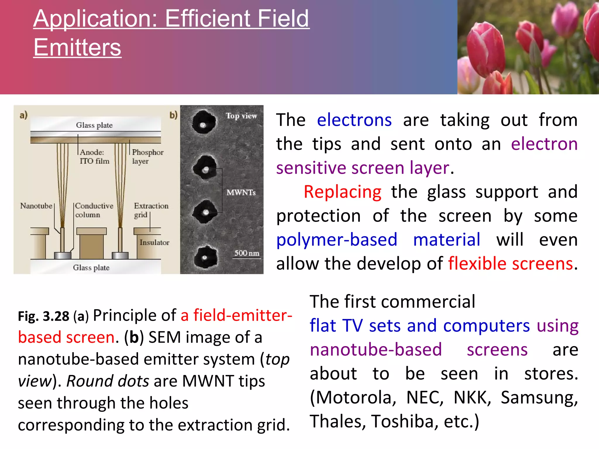 Application: Efficient Field
Emitters
The electrons are taking out from
the tips and sent onto an electron
sensitive screen layer.
Replacing the glass support and
protection of the screen by some
polymer-based material will even
allow the develop of flexible screens.
Fig. 3.28 (a) Principle of a field-emitter-
based screen. (b) SEM image of a
nanotube-based emitter system (top
view). Round dots are MWNT tips
seen through the holes
corresponding to the extraction grid.
The first commercial
flat TV sets and computers using
nanotube-based screens are
about to be seen in stores.
(Motorola, NEC, NKK, Samsung,
Thales, Toshiba, etc.)
 