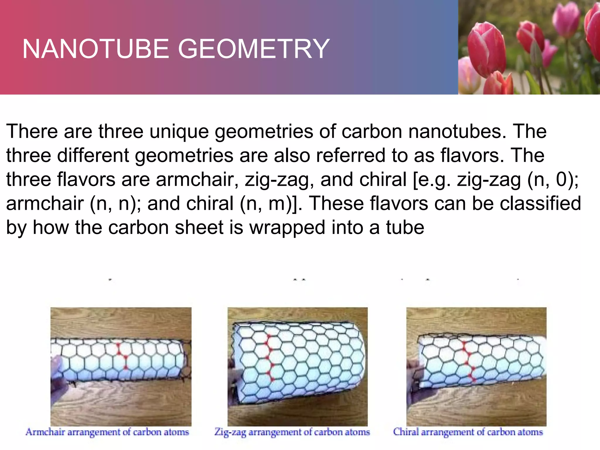 NANOTUBE GEOMETRY
There are three unique geometries of carbon nanotubes. The
three different geometries are also referred to as flavors. The
three flavors are armchair, zig-zag, and chiral [e.g. zig-zag (n, 0);
armchair (n, n); and chiral (n, m)]. These flavors can be classified
by how the carbon sheet is wrapped into a tube
 