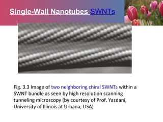 Single-Wall Nanotubes SWNTs
Fig. 3.3 Image of two neighboring chiral SWNTs within a
SWNT bundle as seen by high resolution scanning
tunneling microscopy (by courtesy of Prof. Yazdani,
University of Illinois at Urbana, USA)
 