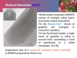 Multiwall Nanotubes MWNT
longitudinal view of a concentric multiwall carbon nanotube
(c-MWNT) prepared by electric arc.
•Multi-walled nanotubes (MWNT)
consist of multiple rolled layers
(concentric tubes) of graphite;
•In the Russian Doll , sheets of
graphite are arranged in
concentric cylinders;
•In the Parchment model, a single
sheet of graphite is rolled in
around itself, resembling a scroll
of parchment or a rolled
newspaper. (3.3 Å);
 