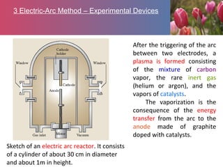 3 Electric-Arc Method – Experimental Devices
Sketch of an electric arc reactor. It consists
of a cylinder of about 30 cm in diameter
and about 1m in height.
After the triggering of the arc
between two electrodes, a
plasma is formed consisting
of the mixture of carbon
vapor, the rare inert gas
(helium or argon), and the
vapors of catalysts.
The vaporization is the
consequence of the energy
transfer from the arc to the
anode made of graphite
doped with catalysts.
 