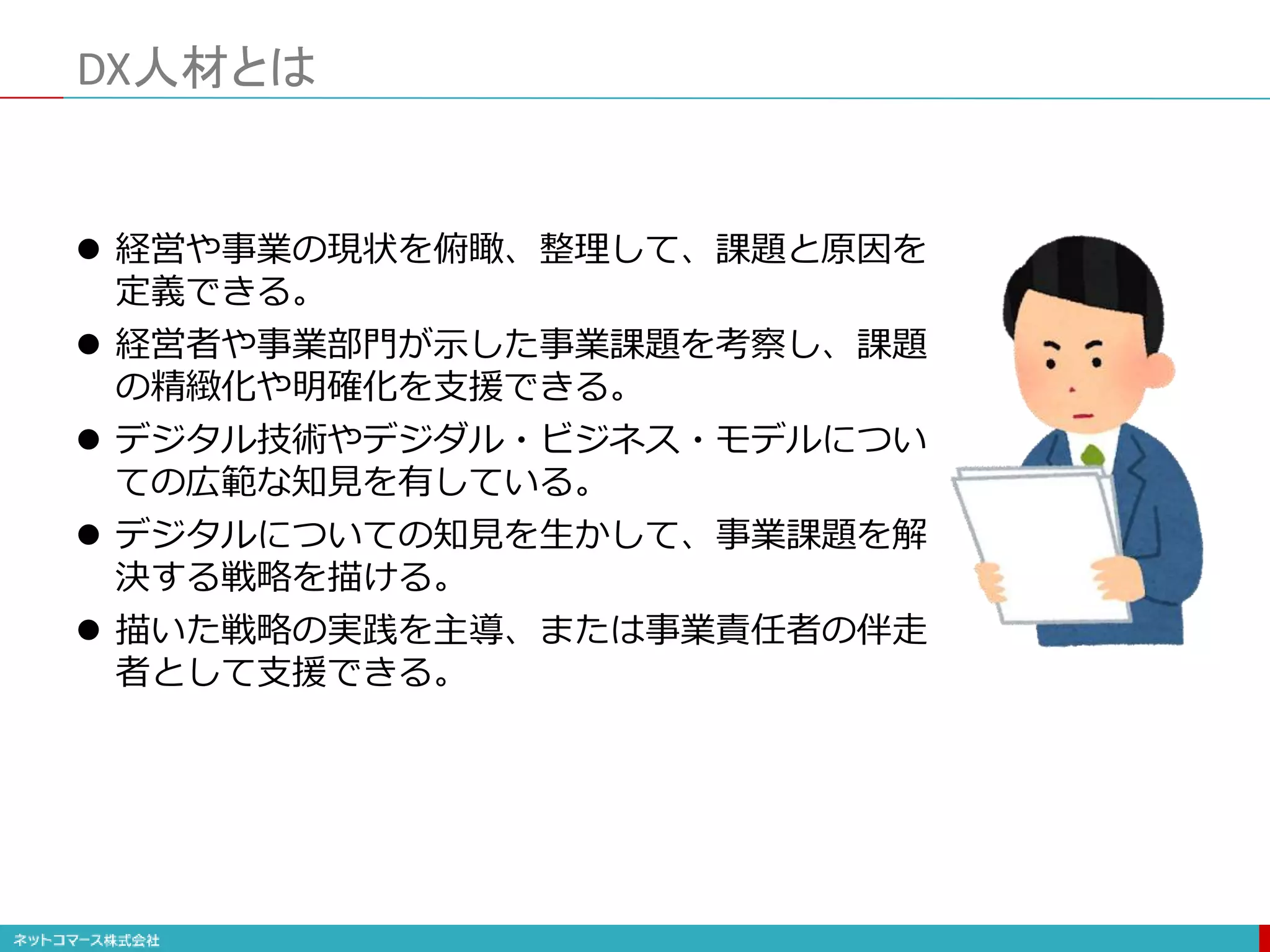 DX人材とは
 経営や事業の現状を俯瞰、整理して、課題と原因を
定義できる。
 経営者や事業部門が示した事業課題を考察し、課題
の精緻化や明確化を支援できる。
 デジタル技術やデジダル・ビジネス・モデルについ
ての広範な知見を有している。
 デジタルについての知見を生かして、事業課題を解
決する戦略を描ける。
 描いた戦略の実践を主導、または事業責任者の伴走
者として支援できる。
 