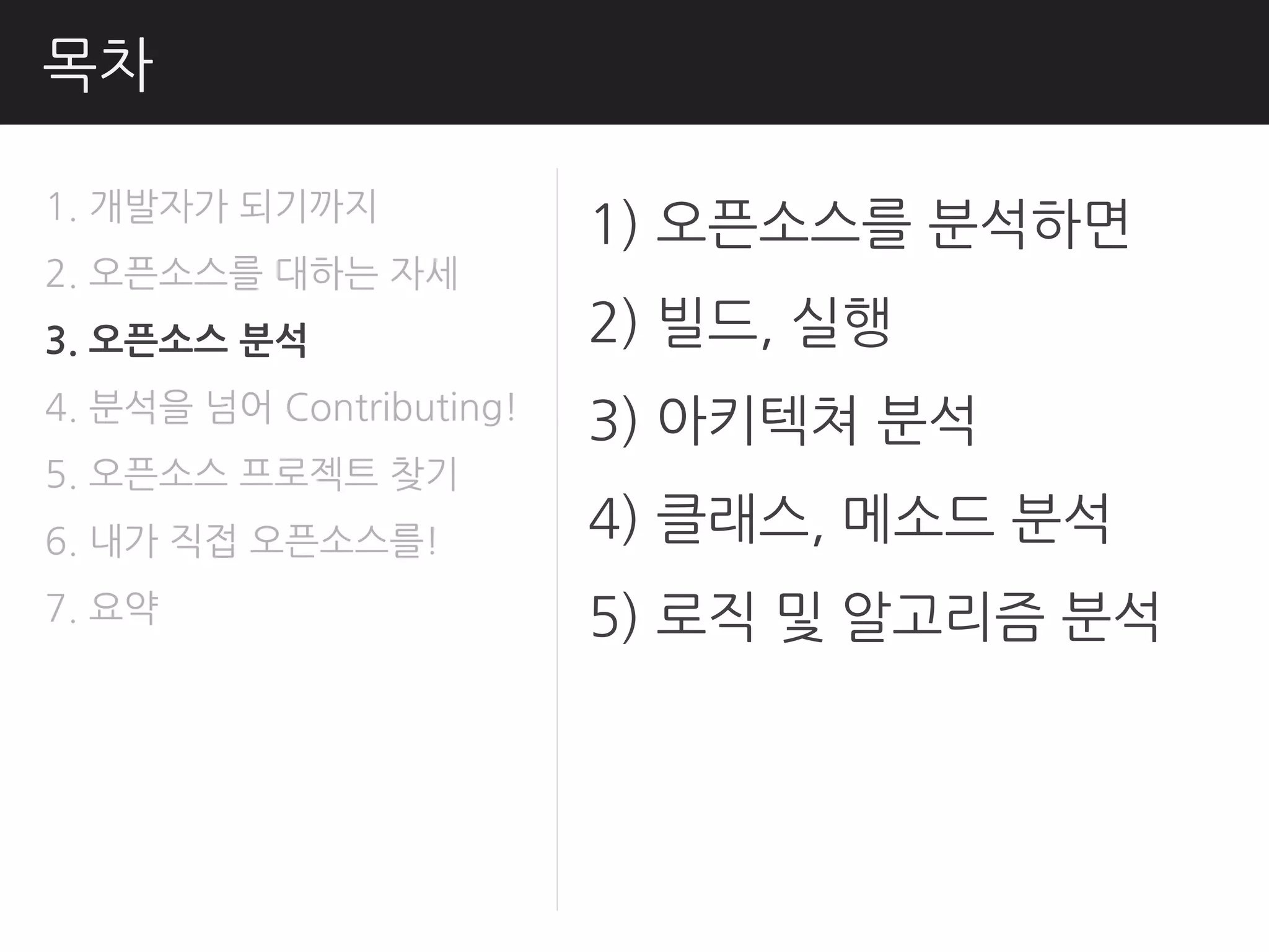 목차

1. 개발자가 되기까지
                          1) 오픈소스를 분석하면
2. 오픈소스를 대하는 자세
3. 오픈소스 분석                2) 빌드, 실행
4. 분석을 넘어 Contributing!
                          3) 아키텍쳐 분석
5. 오픈소스 프로젝트 찾기
6. 내가 직접 오픈소스를!           4) 클래스, 메소드 분석
7. 요약                     5) 로직 및 알고리즘 분석
 