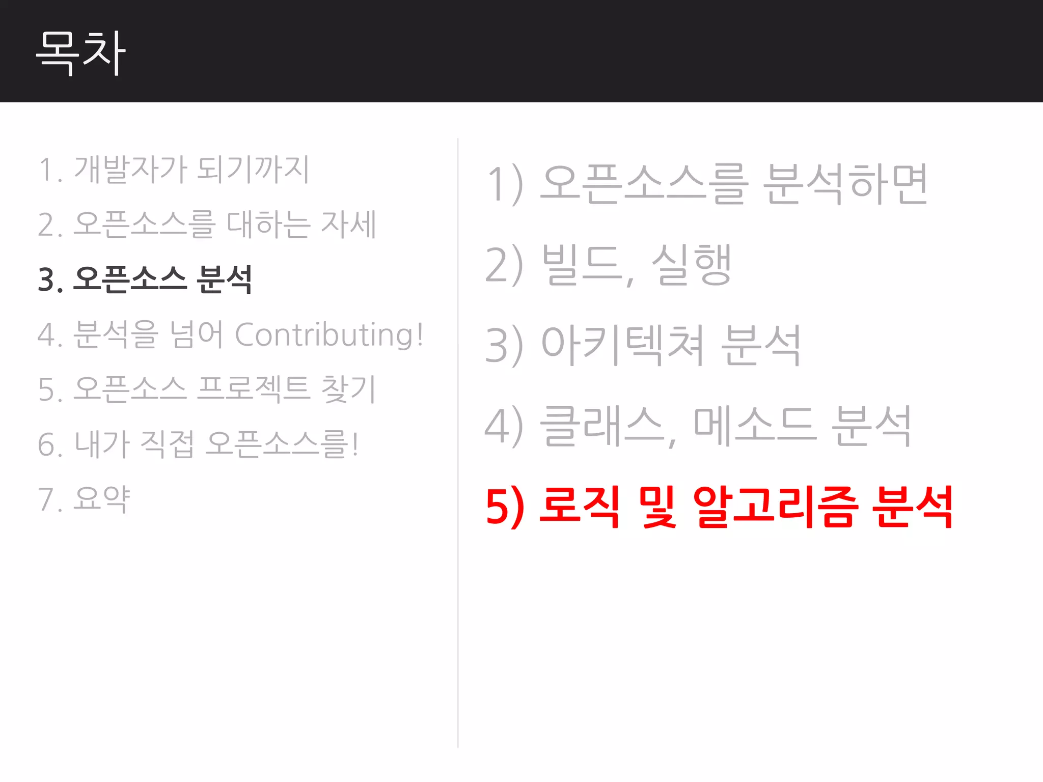 목차

1. 개발자가 되기까지
                          1) 오픈소스를 분석하면
2. 오픈소스를 대하는 자세
3. 오픈소스 분석                2) 빌드, 실행
4. 분석을 넘어 Contributing!
                          3) 아키텍쳐 분석
5. 오픈소스 프로젝트 찾기
6. 내가 직접 오픈소스를!           4) 클래스, 메소드 분석
7. 요약                     5) 로직 및 알고리즘 분석
 