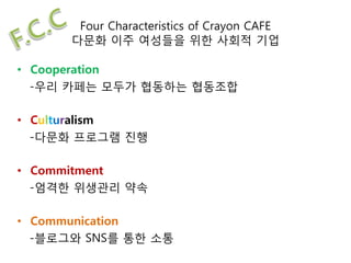 Four Characteristics of Crayon CAFE
??? ?? ???? ?? ??? ??
? Cooperation
-?? ??? ??? ???? ????
? Culturalism
-??? ???? ??
? Commitment
-??? ???? ??
? Communication
-???? SNS? ?? ??
 