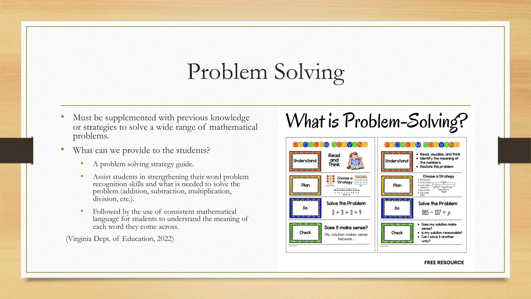 Problem Solving
• Must be supplemented with previous knowledge
or strategies to solve a wide range of mathematical
problems.
• What can we provide to the students?
• A problem solving strategy guide.
• Assist students in strengthening their word problem
recognition skills and what is needed to solve the
problem (addition, subtraction, multiplication,
division, etc.).
• Followed by the use of consistent mathematical
language for students to understand the meaning of
each word they come across.
(Virginia Dept. of Education, 2022)
 