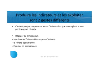 Produire	
  les	
  indicateurs	
  et	
  les	
  exploiter	
  
sont	
  2	
  gestes	
  diﬀérents	
  
•  Ce	
  n’est	
  pas	
  parce	
  que	
  nous	
  avons	
  l’informaRon	
  que	
  nous	
  agissons	
  avec	
  
perRnence	
  et	
  réussite	
  
•  Dégager	
  du	
  temps	
  pour	
  :	
  
-­‐	
  transformer	
  l’informaRon	
  en	
  plan	
  d’acRons	
  
-­‐	
  le	
  rendre	
  opéraRonnel	
  
-­‐	
  l’ajuster	
  en	
  permanence	
  
ET	
  9	
  -­‐	
  Pau-­‐	
  26	
  septembre	
  2013	
  
 