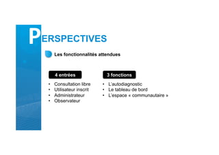 P	
  ERSPECTIVES
Les fonctionnalités attendues
4 entrées
•  Consultation libre
•  Utilisateur inscrit
•  Administrateur
•  Observateur
3 fonctions
•  L’autodiagnostic
•  Le tableau de bord
•  L’espace « communautaire »
 