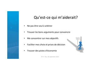 Qu’est-­‐ce	
  qui	
  m’aiderait?	
  
	
  
•  Ne	
  pas	
  être	
  seul	
  à	
  arbitrer	
  
•  Trouver	
  les	
  bons	
  arguments	
  pour	
  convaincre	
  
•  Me	
  concentrer	
  sur	
  mes	
  objecRfs	
  
•  Faciliter	
  mes	
  choix	
  et	
  prises	
  de	
  décision	
  
•  Trouver	
  des	
  pistes	
  d’économie	
  
ET	
  9	
  -­‐	
  Pau-­‐	
  26	
  septembre	
  2013	
  
 