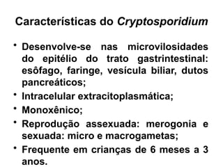 Características do Cryptosporidium
• Desenvolve-se nas microvilosidades
do epitélio do trato gastrintestinal:
esôfago, faringe, vesícula biliar, dutos
pancreáticos;
• Intracelular extracitoplasmática;
• Monoxênico;
• Reprodução assexuada: merogonia e
sexuada: micro e macrogametas;
• Frequente em crianças de 6 meses a 3
anos.
 
