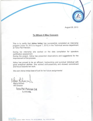 TetraPak Experience Letter