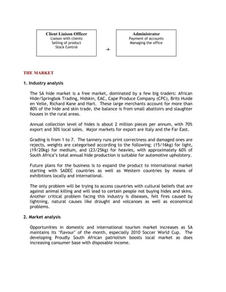 -4-
THE MARKET
1. Industry analysis
The SA hide market is a free market, dominated by a few big traders: African
Hide/Springbok Trading, Hidskin, EAC, Cape Produce Company (CPC), Brits Huide
en Velle, Richard Kane and Hart. These large merchants account for more than
80% of the hide and skin trade, the balance is from small abattoirs and slaughter
houses in the rural areas.
Annual collection level of hides is about 2 million pieces per annum, with 70%
export and 30% local sales. Major markets for export are Italy and the Far East.
Grading is from 1 to 7. The tannery runs print correctness and damaged ones are
rejects, weights are categorised according to the following; (15/16kg) for light,
(19/20kg) for medium, and (23/25kg) for heavies, with approximately 60% of
South Africa’s total annual hide production is suitable for automotive upholstery.
Future plans for the business is to expand the product to international market
starting with SADEC countries as well as Western countries by means of
exhibitions locally and international.
The only problem will be trying to access countries with cultural beliefs that are
against animal killing and will lead to certain people not buying hides and skins.
Another critical problem facing this industry is diseases, felt fires caused by
lightning, natural causes like drought and volcanoes as well as economical
problems.
2. Market analysis
Opportunities in domestic and international tourism market increases as SA
maintains its ‘flavour’ of the month, especially 2010 Soccer World Cup. The
developing Proudly South African patriotism boosts local market as does
increasing consumer base with disposable income.
Client Liaison Officer
Liaison with clients
Selling of product
Stock Control
Administrator
Payment of accounts
Managing the office
 