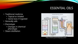 ESSENTIAL OILS
http://www.questnetproxy.com/
• Traditional medicine
• Topical or inhaled
• Some toxic if ingested
• Generally safe
• Chemotype
• Changes in chemical
phenotype
• Steam distillation
 