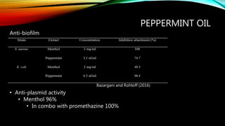 PEPPERMINT OIL
Bazargani and Rohloff (2016)
• Anti-plasmid activity
• Menthol 96%
• In combo with promethazine 100%
Anti-biofilm
 