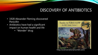 DISCOVERY OF ANTIBIOTICS
• 1928 Alexander Fleming discovered
Penicillin
• Antibiotics have had a significant
impact on human health and life
• “Wonder” drug
http://sciencenational.tumblr.com/
 