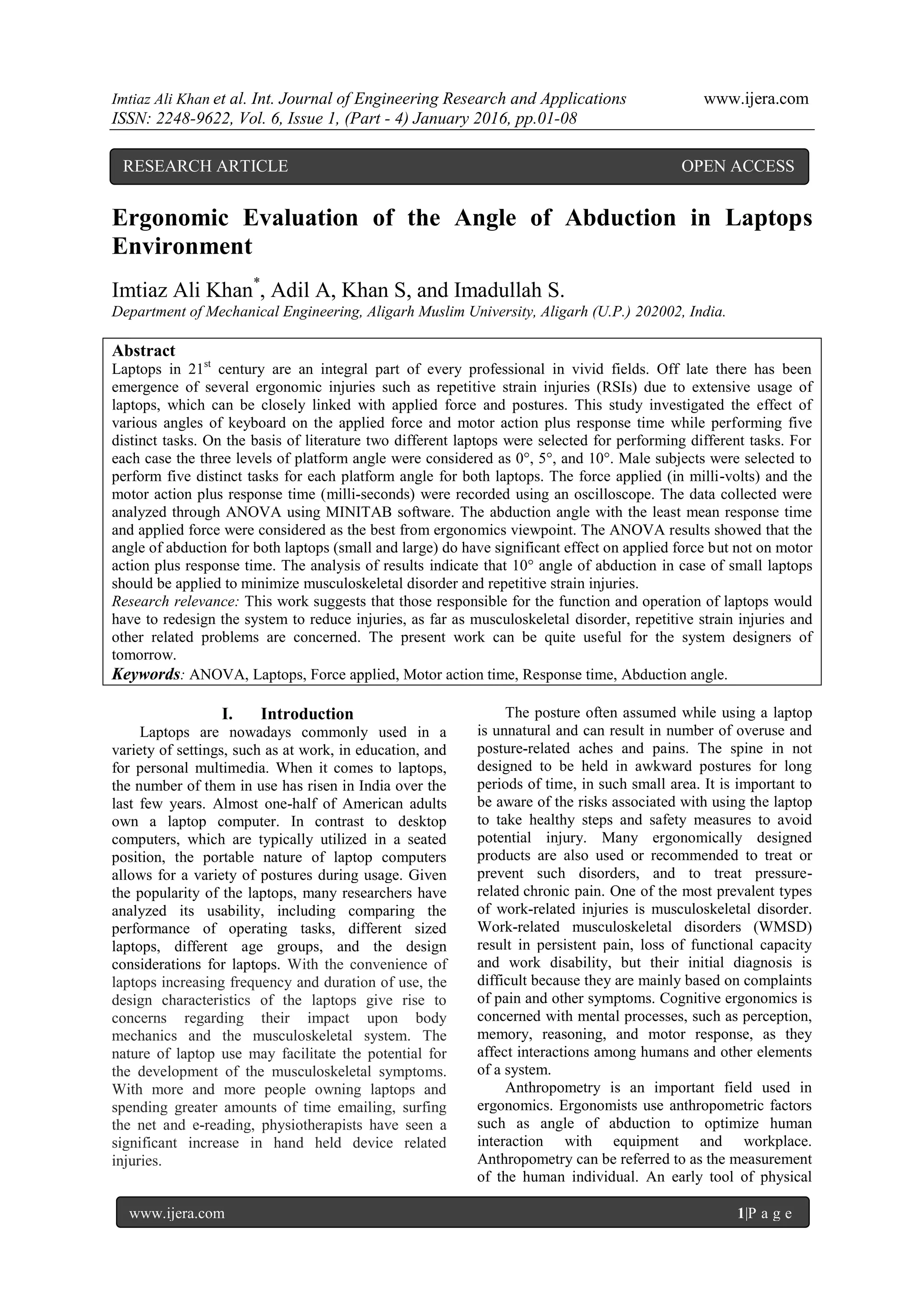 Ergonomic Evaluation of the Angle of Abduction in Laptops Environment | PDF