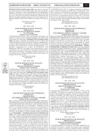 25DIÁRIOOFICIALDOESTADO SÉRIE3 ANOVIII Nº101 FORTALEZA,01DEJUNHODE2016
REMARCAÇÃO da licitação acima citada, cujo objeto é: Aquisição
de válvulas borboleta com atuadores para filtros da ETA Gavião.
MOTIVO: Alterações no Edital. RECEBIMENTO DAS PROPOSTAS
VIRTUAIS: No endereço www.comprasnet.gov.br, através do Nº112016,
até o dia 17/06/2016 às 9h (Horário de Brasília-DF). OBTENÇÃO DO
EDITAL: No endereço eletrônico acima ou no site www.seplag.ce.gov.br.
PROCURADORIA GERAL DO ESTADO, em Fortaleza, 30 de maio de
2016.
Neilie Ferreira de Souza
PREGOEIRA
*** *** ***
AVISO DE REMARCAÇÃO DE LICITAÇÃO
ORIGEM SESA
PREGÃO ELETRÔNICO Nº20160093
IG Nº879761000
PUBLICAÇÃO Nº201601963
A SECRETARIA DA SAÚDE - SESA, por intermédio da Pregoeira e de
membros da equipe de apoio legalmente designados, torna público para
conhecimento dos interessados a REMARCAÇÃO da licitação acima
citada, cujo objeto é: Aquisição com instalação de Arcos Cirúrgicos para
o Hospital Regional do Sertão Central, que assegura a implantação dos
serviços de saúde programada para atender a população da macrorregião
do Sertão Central, localizado no município de Quixeramobim – CE.
MOTIVO: Impugnação não acatada. RECEBIMENTO DAS
PROPOSTAS VIRTUAIS: No endereço www.comprasnet.gov.br, através
do Nº932016, até o dia 20/06/2016 às 9h (Horário de Brasília-DF).
OBTENÇÃO DO EDITAL: No endereço eletrônico acima ou no site
www.seplag.ce.gov.br. PROCURADORIA GERAL DO ESTADO, em
Fortaleza, 30 de maio de 2016.
Isabel Maria Silva Braga
PREGOEIRA
*** *** ***
AVISO DE REMARCAÇÃO DE LICITAÇÃO
ORIGEM SESA
PREGÃO ELETRÔNICO Nº20160141
PUBLICAÇÃO Nº201603325
A SECRETARIA DA SAÚDE - SESA, por intermédio do Pregoeiro e de
membros da equipe de apoio legalmente designados, torna público para
conhecimento dos interessados a REMARCAÇÃO da licitação acima
citada, cujo objeto é: Registro de Preços para futuras e eventuais aquisições
de Veículo - Ambulância, visando atender a necessidade da Secretária da
Saúde do Estado. MOTIVO: Alterações no Edital. RECEBIMENTO DAS
PROPOSTAS VIRTUAIS: No endereço www.comprasnet.gov.br, através
do Nº1412016, até o dia 17/06/2016 às 8h30min (Horário de Brasília-
DF). OBTENÇÃO DO EDITAL: No endereço eletrônico acima ou no
site www.seplag.ce.gov.br. PROCURADORIA GERAL DO ESTADO, em
Fortaleza, 30 de maio de 2016.
José Edson Bezerra
PREGOEIRO
*** *** ***
AVISO DE RESULTADO DA FASE DE PROPOSTAS
COMERCIAIS
ORIGEM DETRAN
CONCORRÊNCIA PÚBLICA NACIONAL Nº20150003
PUBLICAÇÃO Nº2016/00609
Objeto: LICITAÇÃO DO TIPO MENOR PREÇO PARA EXECUÇÃO
DAS OBRAS DE 02 (DUAS) PASSARELAS NARODOVIA ESTADUAL
CE 040, COM 36M DE VÃO, NOS LOCAIS: CASA JOSÉ DE ALENCAR
– RODOVIA CE-040, KM 7,10 E CAVALARIA – RODOVIA CE-040,
KM 7,70. A Comissão Central de Concorrências, em cumprimento ao
§1º do artigo 109 da Lei 8.666/93, comunica aos licitantes e demais
interessados na referida Concorrência que após a análise das propostas
comerciais, foi divulgado o seguinte resultado: Empresa Classificada
como VENCEDORA – LOMACON LOCAÇÃO E CONSTRUÇÃO
LTDA, com o Valor Global de R$2.006.975,30; Empresa Classificada
em 2º Lugar – SIGNUS CONSTRUÇÕES ASSESSORIATÉCNICALTDA,
com o Valor Global de R$2.066.077,90; Empresa Classificada em 3º
Lugar – MGA CONSTRUÇÃO E INCORPORAÇÃO LTDA, com o
Valor Global de R$2.109.884,86; Empresa Classificada em 4º Lugar –
CONSTRUTORA CHC LTDA, com o Valor Global de R$2.199.320,92.
Foram feitas correções de soma e multiplicação nas propostas das
empresas classificadas e citadas anteriormente, com base no subitem
8.8. do Edital. O detalhamento destas correções encontra-se disposto
na ata da sessão pública realizada em 30/05/2016, publicada no site
www.pge.ce.gov.br. O representante da empresa MGA CONSTRUÇÃO
E INCORPORAÇÃO LTDA, Sr. Anderson Laurentino de Medeiros,
exerceu o direito de preferência, estatuído pela Lei Complementar nº123/
2006 e alterações, por enquadrar-se como empresa de pequeno porte,
apresentando lance no valor de R$2.005.000,00, comprometendo-se
em apresentar a correspondente proposta comercial até o dia 01/06/
2016, que será analisada pela Comissão. Fica aberto o prazo recursal
conforme legislação vigente. PROCURADORIA GERAL DO ESTADO,
em Fortaleza, 30 de maio de 2016.
Maria Betânia Saboia Costa
VICE PRESIDENTE DA CCC
*** *** ***
AVISO DE RESULTADO DA FASE DE PROPOSTAS
COMERCIAIS
ORIGEM DER
CONCORRÊNCIA PÚBLICA NACIONAL Nº20150009
PUBLICAÇÃO Nº407544
Objeto: LICITAÇÃO DO TIPO MENOR PREÇO PARA EXECUÇÃO DA
PAVIMENTAÇÃO DA RODOVIA CE 176, NO TRECHO: ICARAIZINHO
DE AMONTADA - MOITAS, COM EXTENSÃO DE 4,73 Km. A Comissão
Central de Concorrências, em cumprimento ao §1º do artigo 109 da Lei
8.666/93, comunica aos licitantes e demais interessados na referida
Concorrência que após a análise das propostas comerciais, foi divulgado o
seguinte resultado: Empresa Classificada como VENCEDORA – MACIEL
CONSTRUÇÕES E TERRAPLANAGENS LTDA, com o Valor Global de
R$4.652.816,49; Empresa Classificada em 2º Lugar – COSAMPA PROJETOS
E CONSTRUÇÕES LTDA, com o Valor Global de R$4.704.022,67; Empresa
Classificada em 3º Lugar – MEMP CONSTRUÇÕES LTDA, com o Valor
Global de R$5.205.676,49; Empresa Classificada em 4º Lugar – FORTLAND
CONSTRUÇÕES E TERRAPLENAGEM LTDA, com o Valor Global de
R$5.499.718,64; Empresa Classificada em 5º Lugar – TERPA
CONSTRUÇÕES S/A, com o Valor Global de R$5.527.950,45; Empresa
Classificada em 6º Lugar – ENGEXATA ENGENHARIA LTDA, com o Valor
Global de R$5.792.068,23. Foram feitas correções na planilha de preços das
empresas MACIEL CONSTRUÇÕES E TERRAPLANAGENS LTDA e
COSAMPA PROJETOS E CONSTRUÇÕES LTDA, com base no subitem
8.8. do edital. Foram feitas correções de soma e multiplicação na proposta da
empresa FORTLAND CONSTRUÇÕES E TERRAPLENAGEM LTDA,
com base no subitem 8.9. do edital. O detalhamento das correções citadas
anteriormente encontra-se disposto na ata da sessão pública realizada em 30/
05/2016, publicada no site www.pge.ce.gov.br. Fica aberto o prazo recursal
conforme legislação vigente. PROCURADORIA GERAL DO ESTADO, em
Fortaleza, 30 de maio de 2016.
Maria Betânia Saboia Costa
VICE PRESIDENTE DA CCC
*** *** ***
AVISO DE RESULTADO FINAL DE LICITAÇÃO
ORIGEM SECITECE
PREGÃO ELETRÔNICO Nº20160001
IG Nº880831000
PUBLICAÇÃO Nº2016/00868
A SECRETARIA DA CIÊNCIA, TECNOLOGIA E EDUCAÇÃO
SUPERIOR – SECITECE, por intermédio do Pregoeiro e membros da
equipe de apoio legalmente designados, comunica o resultado do Pregão
Eletrônico nº20160001, cujo objeto é Serviço de Manutenção Preventiva
e Corretiva, em Aparelhos de Ar Condicionado, com fornecimento e
reposição total de peças e análise do ar, de acordo com as especificações
e quantitativos do Anexo I – Termo de Referência do edital, tendo como
vencedora do Lote 1 no valor de R$15.799,92 (quinze mil setecentos
e noventa e nove reais e noventa e dois centavos) e do Lote 2 no valor
de R$16.293,96 (dezesseis mil duzentos e noventa e três reais e noventa
e seis centavos) a Empresa RICARDO DA SILVA BEZERRA EIRELI
– EPP, adjudicado em 19/05/2016 às 10h21min e homologado em 19/
05/2016 às 10h32min. PROCURADORIA GERAL DO ESTADO, em
Fortaleza, 30 de maio de 2016.
Ciríaco Barbosa Damasceno Neto
PREGOEIRO
*** *** ***
AVISO DE RESULTADO FINAL DE LICITAÇÃO
ORIGEM SEMACE
PREGÃO ELETRÔNICO Nº20160007
PUBLICAÇÃO Nº2016/06754
A SUPERINTENDÊNCIA ESTADUAL DO MEIO AMBIENTE, por
intermédio da Pregoeira e membros da equipe de apoio legalmente
designados, comunica o resultado do Pregão Eletrônico nº20160007
cujo objeto é Aquisição de 50 (cinquenta) placas de metal, tendo como
 