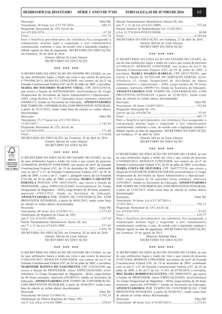65DIÁRIOOFICIALDOESTADO SÉRIE3 ANOVIII Nº101 FORTALEZA,01DEJUNHODE2016
Descrição Valor R$
Vencimento 30 horas Lei nº15.747/2014 ................................... 448,51
Progressão Horizontal de 15% Art.43 da
Lei nº9.826/1974 .............................................................................. 67,28
Total ................................................................................................. 515,79
Para o benefício previdenciário em referência fica assegurado a
remuneração mínima legal e respeitado o teto remuneratório
constitucional, conforme o caso, de acordo com a legislação estadual e
federal vigente na data do pagamento. SECRETARIA DA EDUCAÇÃO,
em Fortaleza, 29 de abril de 2016.
Antonio Idilvan de Lima Alencar
SECRETÁRIO DA EDUCAÇÃO
*** *** ***
O SECRETÁRIO DA EDUCAÇÃO DO ESTADO DO CEARÁ, no uso
de suas atribuições legais e tendo em vista o que consta do processo
nº7991806/2015, RESOLVE CONCEDER, nos termos do art.3º da
Emenda Constitucional Federal nº47, de 05 de julho de 2005, a servidora,
MARIA DO SOCORRO MARTINS VIDAL, CPF 20332238334,
que exerce a função de DATILOGRAFO, nível/referência 26, Grupo
Ocupacional de Atividades de Apoio Administrativo e Operacional -
ADO, carga horária de 37,17 (ajustada) horas semanais, matrícula
nº04088115, lotada na Secretaria da Educação, APOSENTADORIA
POR TEMPO DE CONTRIBUIÇÃO, COM PROVENTOS INTEGRAIS,
a partir de 16/12/2015, tendo como base de cálculo as verbas abaixo
discriminadas:
Descrição Valor R$
Vencimento 37,17 horas Lei nº15.747/2014 e
15.033/2011 ................................................................................ 1.142,64
Progressão Horizontal de 15% Art.43 da
Lei nº9.826/1974 ............................................................................ 171,40
Total .............................................................................................. 1.314,04
SECRETARIA DA EDUCAÇÃO, em Fortaleza, 29 de abril de 2016.
Antonio Idilvan de Lima Alencar
SECRETÁRIO DA EDUCAÇÃO
*** *** ***
O SECRETÁRIO DA EDUCAÇÃO DO ESTADO DO CEARÁ, no uso
de suas atribuições legais e tendo em vista o que consta do processo
nº104440538, RESOLVE CONCEDER, nos termos do art.6º da Emenda
Constitucional Federal nº41, de 19 de dezembro de 2003, combinado
com os arts.2º e 6º, da Emenda Constitucional Federal nº47, de 05 de
julho de 2005, e com o art.1º, “caput “, parágrafo único, da Lei Estadual
nº14.188, de 30 de julho de 2008, a servidora, MARIA CARCILENE
PORTELA PONTES, CPF 18625126391, que exerce a função de
PROFESSOR, classe ESPECIALIZADO, nível/referência 24, Grupo
Ocupacional de Magistério - MAG, carga horária de 40 horas semanais,
matrícula nº03351912, lotada na Secretaria da Educação,
APOSENTADORIA POR TEMPO DE CONTRIBUIÇÃO, COM
PROVENTOS INTEGRAIS, a partir de 04/01/2011, tendo como base
de cálculo as verbas abaixo discriminadas:
Descrição Valor R$
Vencimento 40 horas (Lei nº14.867/11) .................................. 2.272,43
Gratificação de Regência de Classe de 10%
(art.5º Lei nº14.431/2009) ............................................................ 227,24
Pacela Nominalmente Identificável- Inciso III, dos
arts.7º e 12 da Lei nº14.431/2009 ................................................ 577,03
Total .............................................................................................. 3.076,70
SECRETARIA DA EDUCAÇÃO, em Fortaleza, 28 de abril de 2016.
Antonio Idilvan de Lima Alencar
SECRETÁRIO DA EDUCAÇÃO
*** *** ***
O SECRETÁRIO DA EDUCAÇÃO DO ESTADO DO CEARÁ, no uso
de suas atribuições legais e tendo em vista o que consta do processo
nº3881658/2015, RESOLVE CONCEDER, nos termos do art.3º da
Emenda Constitucional Federal nº47, de 05 de julho de 2005, a servidora,
MARINEIDE BATISTA DO NASCIMENTO, CPF 11291419349, que
exerce a função de PROFESSOR, classe ESPECIALIZADO, nível/
referência 12, Grupo Ocupacional de Magistério - MAG, carga horária
de 40 horas semanais, matrícula nº02407418, lotada na Secretaria da
Educação, APOSENTADORIA POR TEMPO DE CONTRIBUIÇÃO,
COM PROVENTOS INTEGRAIS, a partir de 26/06/2015, tendo como
base de cálculo as verbas abaixo discriminadas:
Descrição Valor R$
Vencimento 40 horas (15.804/15) ............................................ 3.295,53
Gratificação de Efetiva Regência de Classe 10%
Art.5º Lei nºLei nº14.431/2009 .................................................... 329,65
Parcela Nominalmente Identificável (Inciso III, dos
arts.7º e 12 da Lei nº14.431/2009) .............................................. 733,46
Parcela Variável de Redistribuição Lei 15.243/2012
c/Lei 15.576/2014-PVR/FUNDEB ................................................. 30,00
Total .............................................................................................. 4.389,64
SECRETARIA DA EDUCAÇÃO, em Fortaleza, 27 de abril de 2016.
Antonio Idilvan de Lima Alencar
SECRETÁRIO DA EDUCAÇÃO
*** *** ***
O SECRETÁRIO DA EDUCAÇÃO DO ESTADO DO CEARÁ, no
uso de suas atribuições legais e tendo em vista o que consta do processo
nº110834127, RESOLVE CONCEDER, nos termos do art.3º da
Emenda Constitucional Federal nº47, de 05 de julho de 2005, a
servidora, MARIA SOARES RABELO, CPF 20531702391, que
exerce a função de AUXILIAR DE SERVIÇOS GERAIS, nível/
referência 12, Grupo Ocupacional de Atividades de Apoio
Administrativo e Operacional - ADO, carga horária de 30 horas
semanais, matrícula nº06991718, lotada na Secretaria da Educação,
APOSENTADORIA POR TEMPO DE CONTRIBUIÇÃO, COM
PROVENTOS INTEGRAIS, a partir de 22/08/2011, tendo como
base de cálculo as verbas abaixo discriminadas:
Descrição Valor R$
Vencimento 30 horas (14.867/2011) ........................................... 352,84
Progressão Horizontal de 15%
(Art.43 da Lei nº9.826/74) ............................................................. 52,93
Total ................................................................................................. 405,77
Para o benefício previdenciário em referência fica assegurado a
remuneração mínima legal e respeitado o teto remuneratório
constitucional, conforme o caso, de acordo com a legislação estadual e
federal vigente na data do pagamento. SECRETARIA DA EDUCAÇÃO,
em Fortaleza, 27 de abril de 2016.
Antonio Idilvan de Lima Alencar
SECRETÁRIO DA EDUCAÇÃO
*** *** ***
O SECRETÁRIO DA EDUCAÇÃO DO ESTADO DO CEARÁ, no uso
de suas atribuições legais e tendo em vista o que consta do processo
nº3428660/2015, RESOLVE CONCEDER, nos termos do art.3º da
Emenda Constitucional Federal nº47, de 05 de julho de 2005, a servidora,
MARIA COSTA DE OLIVEIRA, CPF 26657775334, que exerce a
função deAUXILIAR DE SERVIÇOS GERAIS, nível/referência 12, Grupo
Ocupacional de Atividades de Apoio Administrativo e Operacional -
ADO, carga horária de 36 (ajustada) horas semanais, matrícula
nº29188017, lotada na Secretaria da Educação, APOSENTADORIA
POR TEMPO DE CONTRIBUIÇÃO, COM PROVENTOS INTEGRAIS,
a partir de 13/05/2015, tendo como base de cálculo as verbas abaixo
discriminadas:
Descrição Valor R$
Vencimento 36 horas Lei nº15.747/2014 e
15.033/2011 ................................................................................... 556,15
Progressão Horizontal de 15% Art.43 da
Lei nº9.826/1974 .............................................................................. 83,42
Total ................................................................................................. 639,57
Para o benefício previdenciário em referência fica assegurado a
remuneração mínima legal e respeitado o teto remuneratório
constitucional, conforme o caso, de acordo com a legislação estadual e
federal vigente na data do pagamento. SECRETARIA DA EDUCAÇÃO,
em Fortaleza, 19 de agosto de 2015.
Mauricio Holanda Maia
SECRETÁRIO DA EDUCAÇÃO
*** *** ***
O SECRETÁRIO DA EDUCAÇÃO DO ESTADO DO CEARÁ, no uso
de suas atribuições legais e tendo em vista o que consta do processo
nº102732434, RESOLVE CONCEDER, nos termos do art.6º da Emenda
Constitucional Federal nº41, de 19 de dezembro de 2003, combinado
com os arts.2º e 6º da Emenda Constitucional Federal nº47, de 05 de
julho de 2005, e do art.3º da Lei 15.567, de 07/04/2014, a servidora,
IRIA MARIA RODRIGUES LUCENA, CPF 20904150372, que exerce
a função de PROFESSOR, classe ESPECIALIZADO, nível/referência
24, Grupo Ocupacional de Magistério - MAG, carga horária de 40 horas
semanais, matrícula nº07644817, lotada na Secretaria da Educação,
APOSENTADORIA POR TEMPO DE CONTRIBUIÇÃO, COM
PROVENTOS INTEGRAIS, a partir de 03/04/2011, tendo como base
de cálculo as verbas abaixo discriminadas:
Descrição Valor R$
Vencimento 40 horas (Lei nº14.867/2011) ............................. 2.272,43
 