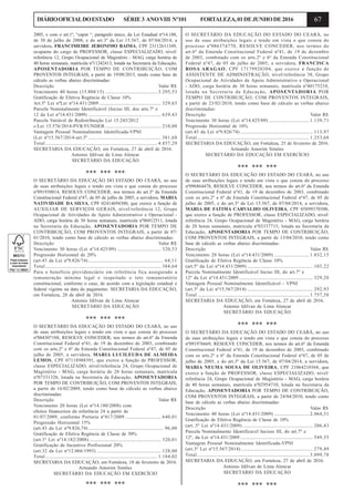 67DIÁRIOOFICIALDOESTADO SÉRIE3 ANOVIII Nº101 FORTALEZA,01DEJUNHODE2016
2005, e com o art.1º, “caput “, parágrafo único, da Lei Estadual nº14.188,
de 30 de julho de 2008, e do art.3º da Lei 15.567, de 07/04/2014, a
servidora, FRANCIMEIRE JERONIMO BAIMA, CPF 23112611349,
ocupante do cargo de PROFESSOR, classe ESPECIALIZADO, nível/
referência 12, Grupo Ocupacional de Magistério - MAG, carga horária de
40 horas semanais, matrícula nº11242413, lotada na Secretaria da Educação,
APOSENTADORIA POR TEMPO DE CONTRIBUIÇÃO, COM
PROVENTOS INTEGRAIS, a partir de 19/08/2015, tendo como base de
cálculo as verbas abaixo discriminadas:
Descrição Valor R$
Vencimento 40 horas (15.804/15) ............................................ 3.295,53
Gratificação de Efetiva Regência de Classe 10%
Art.5º Lei nºLei nº14.431/2009 .................................................... 329,65
Parcela Nominalmente Identificável (Inciso III, dos arts.7º e
12 da Lei nº14.431/2009) ............................................................. 639,43
Parcela Variável de Redistribuição Lei 15.243/2012
c/Lei 15.576/2014-PVR/FUNDEB ............................................... 210,00
Vantagem Pessoal Nominalmente Identificada-VPNI
(Lei nº15.567/2014-art.3º ............................................................. 381,68
Total .............................................................................................. 4.857,29
SECRETARIA DA EDUCAÇÃO, em Fortaleza, 27 de abril de 2016.
Antonio Idilvan de Lima Alencar
SECRETÁRIO DA EDUCAÇÃO
*** *** ***
O SECRETÁRIO DA EDUCAÇÃO DO ESTADO DO CEARÁ, no uso
de suas atribuições legais e tendo em vista o que consta do processo
nº091930014, RESOLVE CONCEDER, nos termos do art.3º da Emenda
Constitucional Federal nº47, de 05 de julho de 2005, a servidora, MARIA
NATIVIDADE DA SILVA, CPF 02414694300, que exerce a função de
AUXILIAR DE SERVIÇOS GERAIS, nível/referência 12, Grupo
Ocupacional de Atividades de Apoio Administrativo e Operacional -
ADO, carga horária de 30 horas semanais, matrícula nº06812511, lotada
na Secretaria da Educação, APOSENTADORIA POR TEMPO DE
CONTRIBUIÇÃO, COM PROVENTOS INTEGRAIS, a partir de 07/
01/2010, tendo como base de cálculo as verbas abaixo discriminadas:
Descrição Valor R$
Vencimento 30 horas (Lei nº14.425/09) ..................................... 320,53
Progressão Horizontal de 20%
(art.43 da Lei nº9.826/74) ............................................................... 64,11
Total ................................................................................................. 384,64
Para o benefício previdenciário em referência fica assegurado a
remuneração mínima legal e respeitado o teto remuneratório
constitucional, conforme o caso, de acordo com a legislação estadual e
federal vigente na data do pagamento. SECRETARIA DA EDUCAÇÃO,
em Fortaleza, 28 de abril de 2016.
Antonio Idilvan de Lima Alencar
SECRETÁRIO DA EDUCAÇÃO
*** *** ***
O SECRETÁRIO DA EDUCAÇÃO DO ESTADO DO CEARÁ, no uso
de suas atribuições legais e tendo em vista o que consta do processo
nº084307188, RESOLVE CONCEDER, nos termos do art.6º da Emenda
Constitucional Federal nº41, de 19 de dezembro de 2003, combinado
com os arts.2º e 6º da Emenda Constitucional Federal nº47, de 05 de
julho de 2005, a servidora, MARIA LUCILEUDA DE ALMEIDA
LEMOS, CPF 07118988391, que exerce a função de PROFESSOR,
classe ESPECIALIZADO, nível/referência 24, Grupo Ocupacional de
Magistério - MAG, carga horária de 20 horas semanais, matrícula
nº07331320, lotada na Secretaria da Educação, APOSENTADORIA
POR TEMPO DE CONTRIBUIÇÃO, COM PROVENTOS INTEGRAIS,
a partir de 16/02/2009, tendo como base de cálculo as verbas abaixo
discriminadas:
Descrição Valor R$
Vencimento 20 horas (Lei nº14.180/2008) com
efeitos financeiros da referência 24 a partir de
01/07/2009, conforme Portaria nº417/2009 .............................. 640,01
Progressão Horizontal 15%
(art.43 da Lei nº9.826,74) ............................................................... 96,00
Gratificação de Efetiva Regência de Classe de 50%
(art.1º Lei nº14.182/2008) ............................................................ 320,01
Gratificação de Incentivo Profissional 20%
(art.32 da Lei nº12.066/1993) ...................................................... 128,00
Total .............................................................................................. 1.184,02
SECRETARIA DA EDUCAÇÃO, em Fortaleza, 18 de fevereiro de 2016.
Armando Amorim Simões
SECRETÁRIO DA EDUCAÇÃO EM EXERCÍCIO
*** *** ***
O SECRETÁRIO DA EDUCAÇÃO DO ESTADO DO CEARÁ, no
uso de suas atribuições legais e tendo em vista o que consta do
processo nº086374770, RESOLVE CONCEDER, nos termos do
art.6º da Emenda Constitucional Federal nº41, de 19 de dezembro
de 2003, combinado com os arts.2º e 6º da Emenda Constitucional
Federal nº47, de 05 de julho de 2005, a servidora, FRANCISCA
ROSA ARAGAO, CPF 17179920304, que exerce a função de
ASSISTENTE DE ADMINISTRAÇÃO, nível/referência 38, Grupo
Ocupacional de Atividades de Apoio Administrativo e Operacional
- ADO, carga horária de 30 horas semanais, matrícula nº40175210,
lotada na Secretaria da Educação, APOSENTADORIA POR
TEMPO DE CONTRIBUIÇÃO, COM PROVENTOS INTEGRAIS,
a partir de 23/02/2010, tendo como base de cálculo as verbas abaixo
discriminadas:
Descrição Valor R$
Vencimento 30 horas (Lei nº14.425/09) .................................. 1.139,71
Progressão Horizontal de 10%
(art.43 da Lei nº9.826/74) ............................................................. 113,97
Total .............................................................................................. 1.253,68
SECRETARIA DA EDUCAÇÃO, em Fortaleza, 25 de fevereiro de 2016.
Armando Amorim Simões
SECRETÁRIO DA EDUCAÇÃO EM EXERCÍCIO
*** *** ***
O SECRETÁRIO DA EDUCAÇÃO DO ESTADO DO CEARÁ, no uso
de suas atribuições legais e tendo em vista o que consta do processo
nº096864478, RESOLVE CONCEDER, nos termos do art.6º da Emenda
Constitucional Federal nº41, de 19 de dezembro de 2003, combinado
com os arts.2º e 6º da Emenda Constitucional Federal nº47, de 05 de
julho de 2005, e do art.3º da Lei 15.567, de 07/04/2014, a servidora,
MARIA DE FATIMA CARVALHO OLIVEIRA, CPF 05899370300,
que exerce a função de PROFESSOR, classe ESPECIALIZADO, nível/
referência 24, Grupo Ocupacional de Magistério - MAG, carga horária
de 20 horas semanais, matrícula nº03337715, lotada na Secretaria da
Educação, APOSENTADORIA POR TEMPO DE CONTRIBUIÇÃO,
COM PROVENTOS INTEGRAIS, a partir de 13/04/2010, tendo como
base de cálculo as verbas abaixo discriminadas:
Descrição Valor R$
Vencimento 20 horas (Lei nº14.431/2009) ............................. 1.032,15
Gratificação de Efetiva Regência de Classe 10%
(art.5º da Lei nº14.431/2009) ....................................................... 103,22
Parcela Nominalmente Identificável Inciso III, do art.7º e
12º da Lei nº14.431/2009 .............................................................. 329,28
Vantagem Pessoal Nominalmente Identificável - VPNI
(art.3º da Lei nº15.567/2014) ....................................................... 292,93
Total .............................................................................................. 1.757,58
SECRETARIA DA EDUCAÇÃO, em Fortaleza, 27 de abril de 2016.
Antonio Idilvan de Lima Alencar
SECRETÁRIO DA EDUCAÇÃO
*** *** ***
O SECRETÁRIO DA EDUCAÇÃO DO ESTADO DO CEARÁ, no uso
de suas atribuições legais e tendo em vista o que consta do processo
nº091976669, RESOLVE CONCEDER, nos termos do art.6º da Emenda
Constitucional Federal nº41, de 19 de dezembro de 2003, combinado
com os arts.2º e 6º da Emenda Constitucional Federal nº47, de 05 de
julho de 2005, e do art.3º da Lei 15.567, de 07/04/2014, a servidora,
MARIA NEUMA SOUSA DE OLIVEIRA, CPF 21064210368, que
exerce a função de PROFESSOR, classe ESPECIALIZADO, nível/
referência 24, Grupo Ocupacional de Magistério - MAG, carga horária
de 40 horas semanais, matrícula nº02954710, lotada na Secretaria da
Educação, APOSENTADORIA POR TEMPO DE CONTRIBUIÇÃO,
COM PROVENTOS INTEGRAIS, a partir de 24/04/2010, tendo como
base de cálculo as verbas abaixo discriminadas:
Descrição Valor R$
Vencimento 40 horas (Lei nº14.431/2009) ............................. 2.064,31
Gratificação de Efetiva Regência de Classe de 10%
(art..5º Lei nº14.431/2009) ........................................................... 206,43
Parcela Nominalmente Identificavel Incisso III, do art.7º e
12º, da Lei nº14.431/2009 ............................................................. 549,55
Vantagem Pessoal Nominalmente Identificada-VPNI
(art.3º Lei nº15.567/2014) ............................................................ 279,49
Total .............................................................................................. 3.099,78
SECRETARIA DA EDUCAÇÃO, em Fortaleza, 27 de abril de 2016.
Antonio Idilvan de Lima Alencar
SECRETÁRIO DA EDUCAÇÃO
*** *** ***
 