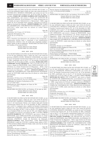 68 DIÁRIOOFICIALDOESTADO SÉRIE3 ANOVIII Nº101 FORTALEZA,01DEJUNHODE2016
O SECRETÁRIO DA EDUCAÇÃO DO ESTADO DO CEARÁ, no
uso de suas atribuições legais e tendo em vista o que consta do processo
nº4229601/2015, RESOLVE CONCEDER, nos termos do art.3º da
Emenda Constitucional Federal nº47, de 05 de julho de 2005, a
servidora, MARIA DE LOURDES BARBOSA DO NASCIMENTO,
CPF 22266950363, que exerce a função de AUXILIAR DE
SERVIÇOS GERAIS, nível/referência 12, Grupo Ocupacional de
Atividades de Apoio Administrativo e Operacional - ADO, carga
horária de 36,33 (ajustada) horas semanais, matrícula nº13330719,
lotada na Secretaria da Educação, APOSENTADORIA POR TEMPO
DE CONTRIBUIÇÃO, COM PROVENTOS INTEGRAIS, a partir de
10/07/2015, tendo como base de cálculo as verbas abaixo
discriminadas:
Descrição Valor R$
Vencimento 36,33 horas (15.747/2014) ..................................... 562,13
Progressão Horizontal de 15%
(Art.43 da Lei nº9.826/74) ............................................................. 84,32
Total ................................................................................................. 646,45
Para o benefício previdenciário em referência fica assegurado a
remuneração mínima legal e respeitado o teto remuneratório
constitucional, conforme o caso, de acordo com a legislação estadual e
federal vigente na data do pagamento. SECRETARIA DA EDUCAÇÃO,
em Fortaleza, 03 de maio de 2016.
Antonio Idilvan de Lima Alencar
SECRETÁRIO DA EDUCAÇÃO
*** *** ***
O(A) SECRETÁRIO(A) DA EDUCAÇÃO DO ESTADO DO CEARÁ,
no uso de suas atribuições legais e tendo em vista o que consta do
processo nº080991319/SPU, RESOLVE CONCEDER, nos termos
do art.6º da Emenda Constitucional Federal nº41, de 19 de dezembro
de 2003, combinado com os arts.2º e 6º da Emenda Constitucional
Federal nº47, de 05 de julho de 2005, a servidora, MARIA IOLANDA
CORDEIRO ALVES MESQUITA, CPF nº141.862.253-20, que
exerce a função de PROFESSOR, classe ESPECIALIZADO, nível/
referência 23, Grupo Ocupacional de Magistério – MAG, carga
horária de 20 horas semanais, matrícula nº06740618, lotada na
Secretaria da Educação – SEDUC, APOSENTADORIA POR
TEMPO DE CONTRIBUIÇÃO, COM PROVENTOS INTEGRAIS,
a partir de 02/07/2008, tendo como base de cálculo as verbas abaixo
discriminadas:
Descrição Valor R$
Vencimento 20 Horas (Lei nº14.180/2008) ................................ 640,01
Progressão Horizontal de 15% (Lei nº9.826/1974) ..................... 96,00
Gratificação de Incentivo Profissional de 20%
(Lei nº12.066/1993) ...................................................................... 128,00
Gratificação por Efetiva Regência de Classe de 50%
(Lei nº11.072/1985) ...................................................................... 320,01
TOTAL ......................................................................................... 1.184,02
SECRETARIA DA EDUCAÇÃO, em Fortaleza, 05 de maio de 2016.
Antonio Idilvan de Lima Alencar
SECRETÁRIO DA EDUCAÇÃO
*** *** ***
O SECRETÁRIO DA EDUCAÇÃO DO ESTADO DO CEARÁ, no uso
de suas atribuições legais e tendo em vista o que consta do processo
nº6322455/2015, RESOLVE CONCEDER, nos termos do art.40, §1º,
inciso I, da Constituição Federal, com redação dada pela Emenda
Constitucional Federal nº41, de 19 de dezembro de 2003, combinado
com o art.6º-A e parágrafo único, também da Emenda Constitucional
Federal nº41, com redação dada pela Emenda Constitucional Federal
nº70, de 29 de março de 2012, e com os arts.89 e 152, parágrafo único,
da Lei Estadual nº9.826, de 14 de maio de 1974, com redação dada pela
Lei Estadual nº13.578 de 21 de janeiro de 2005, a servidora, JULIA
JACINTO BARRETO, CPF 11535954353, que exerce a função de
PROFESSOR, classe ESPECIALIZADO, nível/referência 12, Grupo
Ocupacional de Magistério - MAG, carga horária de 40 horas semanais,
matrícula nº06592619, lotada na Secretaria da Educação,
APOSENTADORIA POR INVALIDEZ, COM PROVENTOS
INTEGRAIS, a partir de 27/07/2015, conforme laudo médico nº2015/
017910 da Perícia Médica Oficial do Estado, tendo como base de cálculo
as verbas abaixo discriminadas:
Descrição Valor R$
Vencimento 40 horas (15.804/15) ............................................ 3.296,53
Gratificação de Efetiva Regência de Classe 10%
Art.5º Lei nºLei nº14.431/2009 .................................................... 329,65
Parcela Nominalmente Identificável
(Inciso III, dos arts.7º e 12 da Lei nº14.431/2009) .................... 827,48
Parcela Variável de Redistribuição Lei 15.243/2012
c/Lei 15.576/2014-PVR/FUNDEB ............................................... 202,50
Total .............................................................................................. 4.656,16
SECRETARIA DA EDUCAÇÃO, em Fortaleza, 29 de abril de 2016.
Antonio Idilvan de Lima Alencar
SECRETÁRIO DA EDUCAÇÃO
*** *** ***
O SECRETÁRIO DA EDUCAÇÃO DO ESTADO DO CEARÁ, no uso
de suas atribuições legais e tendo em vista o que consta do processo
nº5623842/2015, RESOLVE CONCEDER, nos termos do art.6º da
Emenda Constitucional Federal nº41, de 19 de dezembro de 2003,
combinado com os arts.2º e 6º da Emenda Constitucional Federal nº47,
de 05 de julho de 2005, ao servidor, ANASTACIO JANIO BARROSO,
CPF 18999638391, que exerce a função de PROFESSOR, classe
ESPECIALIZADO, nível/referência 10, Grupo Ocupacional de
Magistério - MAG, carga horária de 20 horas semanais, matrícula
nº03372316, lotado na Secretaria da Educação, APOSENTADORIA
POR TEMPO DE CONTRIBUIÇÃO, COM PROVENTOS INTEGRAIS,
a partir de 09/09/2015, tendo como base de cálculo as verbas abaixo
discriminadas:
Descrição Valor R$
Vencimento 20 horas Lei nº15.804/2015 ...................................... 1.495,03
Gratificação de Efetiva Regência de Classe de 10%
Art.5º Lei nº14.431/2009 ................................................................. 149,50
Parcela Nominalmente Identificável Inciso III, dos arts.7º e
12, da Lei nº14.431/2009 ................................................................. 247,35
Parcela Variável de Redistribuição - PVR/FUNDEB
Lei nº15.243/2012 com redação dada à Lei nº15.576/2014 .............. 108,75
Total .............................................................................................. 2.000,63
SECRETARIA DA EDUCAÇÃO, em Fortaleza, 14 de abril de 2016.
Maurício Holanda Maia
SECRETÁRIO DA EDUCAÇÃO
*** *** ***
O SECRETÁRIO DA EDUCAÇÃO DO ESTADO DO CEARÁ, no
uso de suas atribuições legais e tendo em vista o que consta do
processo nº060806508, RESOLVE CONCEDER, nos termos do
art.6º da Emenda Constitucional Federal nº41, de 19 de dezembro
de 2003, combinado com os arts.2º e 6º da Emenda Constitucional
Federal nº47, de 05 de julho de 2005, a servidora, LUCY NEUMA
BOTELHO DA SILVA, CPF 53125908787, que exerce a função
de AGENTE DE ADMINISTRAÇÃO, nível/referência 25, Grupo
Ocupacional de Atividades de Apoio Administrativo e Operacional
- ADO, carga horária de 30 horas semanais, matrícula nº03890619,
lotada na Secretaria da Educação, APOSENTADORIA POR
TEMPO DE CONTRIBUIÇÃO, COM PROVENTOS INTEGRAIS,
a partir de 01/11/2006, tendo como base de cálculo as verbas abaixo
discriminadas:
Descrição Valor R$
Vencimento 30 horas (Lei nº13.787/2006) ................................ 518,87
Progressão Horizontal 15%
(art.43 da Lei nº9.826/1974) .......................................................... 77,83
Total ................................................................................................. 596,70
SECRETARIA DA EDUCAÇÃO, em Fortaleza, 07 de janeiro de 2015.
Maurício Holanda Maia
SECRETÁRIO DA EDUCAÇÃO
*** *** ***
O SECRETÁRIO DA EDUCAÇÃO DO ESTADO DO CEARÁ, no uso
de suas atribuições legais e tendo em vista o que consta do processo
nº107650584, RESOLVE CONCEDER, nos termos do art.6º da Emenda
Constitucional Federal nº41, de 19 de dezembro de 2003, combinado
com os arts.2º e 6º da Emenda Constitucional Federal nº47, de 05 de
julho de 2005, e do art.3º da Lei 15.567, de 07/04/2014, a servidora,
ERLANIA MARIA PINHEIRO, CPF 20674597320, que exerce a
função de PROFESSOR, classe ESPECIALIZADO, nível/referência 24,
Grupo Ocupacional de Magistério - MAG, carga horária de 40 horas
semanais, matrícula nº00831514, lotada na Secretaria da Educação,
APOSENTADORIA POR TEMPO DE CONTRIBUIÇÃO, COM
PROVENTOS INTEGRAIS, a partir de 13/09/2011, tendo como base
de cálculo as verbas abaixo discriminadas:
Descrição Valor R$
Vencimento 40 horas (Lei 14867/2011) .................................. 2.272,43
Gratificação de Efetiva Regência de Classe de 10%
(art..5º Lei nº14.431/2009) ........................................................... 227,24
Parcela Nominalmente Identificavel Incisso III, do art.7º e
12º, da Lei nº14.431/2009............................................................. 577,03
 