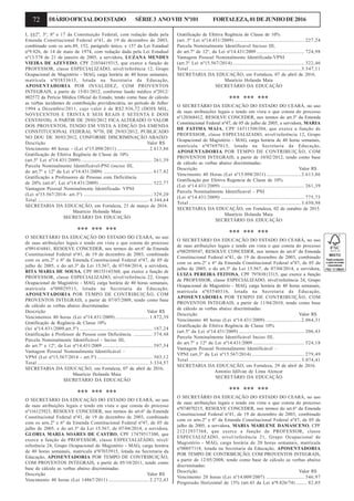 72 DIÁRIOOFICIALDOESTADO SÉRIE3 ANOVIII Nº101 FORTALEZA,01DEJUNHODE2016
I, §§2º, 3º, 8º e 17 da Constituição Federal, com redação dada pela
Emenda Constitucional Federal nº41, de 19 de dezembro de 2003,
combinado com os arts.89, 152, parágrafo único, e 157 da Lei Estadual
nº9.826, de 14 de maio de 1974, com redação dada pela Lei Estadual
nº13.578 de 21 de janeiro de 2005, a servidora, LUZANA MENDES
VIEIRA DE AZEVEDO, CPF 21034419315, que exerce a função de
PROFESSOR, classe ESPECIALIZADO, nível/referência 12, Grupo
Ocupacional de Magistério - MAG, carga horária de 40 horas semanais,
matrícula nº03833615, lotada na Secretaria da Educação,
APOSENTADORIA POR INVALIDEZ, COM PROVENTOS
INTEGRAIS, a partir de 15/01/2012, conforme laudo médico nº2012/
002572 da Perícia Médica Oficial do Estado, tendo como base de cálculo
as verbas incidentes de contribuição previdenciária, no período de Julho/
1994 a Dezembro/2011, cujo valor é de R$2.936,72 (DOIS MIL,
NOVECENTOS E TRINTA E SEIS REAIS E SETENTA E DOIS
CENTAVOS). A PARTIR DE 29/03/2012 FICA ALTERADO O VALOR
DOS PROVENTOS, TENDO EM VISTA A EDIÇÃO DA EMENDA
CONSTITUCIONAL FEDERAL Nº70, DE 29/03/2012, PUBLICADO
NO DOU DE 30/03/2012, CONFORME DISCRIMINAÇÃO ABAIXO:
Descrição Valor R$
Vencimento 40 horas - (Lei nº15.098/2011) ........................... 2.613,86
Gratificação de Efetiva Regência de Classe de 10%
(art.5º Lei nº14.431/2009) ............................................................ 261,39
Parcela Nominalmente Identificável-PNI (inciso III,
do art.7º e 12º da Lei nº14.431/2009) ......................................... 617,42
Gratificação a Professores de Pessoas com Deficiência
de 20% (art.6º, Lei nº14.431/2009) ............................................. 522,77
Vantagem Pessoal Nominalmente Identificada- VPNI
(Lei nº15.567/2014- art.3º) .......................................................... 329,20
Total .............................................................................................. 4.344,64
SECRETARIA DA EDUCAÇÃO, em Fortaleza, 23 de março de 2016.
Maurício Holanda Maia
SECRETÁRIO DA EDUCAÇÃO
*** *** ***
O SECRETÁRIO DA EDUCAÇÃO DO ESTADO DO CEARÁ, no uso
de suas atribuições legais e tendo em vista o que consta do processo
nº091416841, RESOLVE CONCEDER, nos termos do art.6º da Emenda
Constitucional Federal nº41, de 19 de dezembro de 2003, combinado
com os arts.2º e 6º da Emenda Constitucional Federal nº47, de 05 de
julho de 2005, e do art.3º da Lei 15.567, de 07/04/2014, a servidora,
RITA MARIA DE SOUSA, CPF 08155143368, que exerce a função de
PROFESSOR, classe ESPECIALIZADO, nível/referência 22, Grupo
Ocupacional de Magistério - MAG, carga horária de 40 horas semanais,
matrícula nº00029513, lotada na Secretaria da Educação,
APOSENTADORIA POR TEMPO DE CONTRIBUIÇÃO, COM
PROVENTOS INTEGRAIS, a partir de 07/07/2009, tendo como base
de cálculo as verbas abaixo discriminadas:
Descrição Valor R$
Vencimentos 40 horas (Lei nº14.431/2009) ............................ 1.872,39
Gratificação de Regência de Classe 10%
(lei nº14.431/2009,art.5º) ............................................................. 187,24
Gratificação á Professor de Pessoa com Deficiência. ................ 374,48
Parcela Nominalmente Identificável - Inciso III,
do art.7º e 12º, da Lei nº14.431/2009 .......................................... 597,34
Vantagem Pessoal Nominalmente Identificável –
VPNI (Lei nº15.567/2014 - art.3º) .............................................. 303,12
Total .............................................................................................. 3.334,57
SECRETARIA DA EDUCAÇÃO, em Fortaleza, 07 de abril de 2016.
Maurício Holanda Maia
SECRETÁRIO DA EDUCAÇÃO
*** *** ***
O SECRETÁRIO DA EDUCAÇÃO DO ESTADO DO CEARÁ, no uso
de suas atribuições legais e tendo em vista o que consta do processo
nº116123923, RESOLVE CONCEDER, nos termos do art.6º da Emenda
Constitucional Federal nº41, de 19 de dezembro de 2003, combinado
com os arts.2º e 6º da Emenda Constitucional Federal nº47, de 05 de
julho de 2005, e do art.3º da Lei 15.567, de 07/04/2014, a servidora,
GLORIA MARIA SOARES DE CASTRO, CPF 17479517300, que
exerce a função de PROFESSOR, classe ESPECIALIZADO, nível/
referência 24, Grupo Ocupacional de Magistério - MAG, carga horária
de 40 horas semanais, matrícula nº07033915, lotada na Secretaria da
Educação, APOSENTADORIA POR TEMPO DE CONTRIBUIÇÃO,
COM PROVENTOS INTEGRAIS, a partir de 05/10/2011, tendo como
base de cálculo as verbas abaixo discriminadas:
Descrição Valor R$
Vencimento 40 horas (Lei 14867/2011) .................................. 2.272,43
Gratificação de Efetiva Regência de Classe de 10%
(art..5º Lei nº14.431/2009) ........................................................... 227,24
Parcela Nominalmente Identificavel Incisso III,
do art.7º de 12º, da Lei nº14.431/2009 ........................................ 724,98
Vantagem Pessoal Nominalmente Identificada-VPNI
(art.3º Lei nº15.567/2014) ............................................................ 322,46
Total .............................................................................................. 3.547,11
SECRETARIA DA EDUCAÇÃO, em Fortaleza, 07 de abril de 2016.
Maurício Holanda Maia
SECRETÁRIO DA EDUCAÇÃO
*** *** ***
O SECRETÁRIO DA EDUCAÇÃO DO ESTADO DO CEARÁ, no uso
de suas atribuições legais e tendo em vista o que consta do processo
nº120368412, RESOLVE CONCEDER, nos termos do art.3º da Emenda
Constitucional Federal nº47, de 05 de julho de 2005, a servidora, MARIA
DE FATIMA MAIA, CPF 16511506304, que exerce a função de
PROFESSOR, classe ESPECIALIZADO, nível/referência 12, Grupo
Ocupacional de Magistério - MAG, carga horária de 40 horas semanais,
matrícula nº07697015, lotada na Secretaria da Educação,
APOSENTADORIA POR TEMPO DE CONTRIBUIÇÃO, COM
PROVENTOS INTEGRAIS, a partir de 10/02/2012, tendo como base
de cálculo as verbas abaixo discriminadas:
Descrição Valor R$
Vencimento 40 Horas (Lei nº15.098/2011) .............................2.613,86
Gratificação por Efetiva Regencia de Classe de 10%
(Lei nº14.431/2009) ...................................................................... 261,39
Parcela Nominalmente Identificavel - PNI
(Lei nº14.431/2009) ...................................................................... 775,73
Total .............................................................................................. 3.650,98
SECRETARIA DA EDUCAÇÃO, em Fortaleza, 02 de outubro de 2015.
Maurício Holanda Maia
SECRETÁRIO DA EDUCAÇÃO
*** *** ***
O SECRETÁRIO DA EDUCAÇÃO DO ESTADO DO CEARÁ, no uso
de suas atribuições legais e tendo em vista o que consta do processo
nº082950547, RESOLVE CONCEDER, nos termos do art.6º da Emenda
Constitucional Federal nº41, de 19 de dezembro de 2003, combinado
com os arts.2º e 6º da Emenda Constitucional Federal nº47, de 05 de
julho de 2005, e do art.3º da Lei 15.567, de 07/04/2014, a servidora,
LUIZA PEREIRA FEITOSA, CPF 79783813315, que exerce a função
de PROFESSOR, classe ESPECIALIZADO, nível/referência 24, Grupo
Ocupacional de Magistério - MAG, carga horária de 40 horas semanais,
matrícula nº03540316, lotada na Secretaria da Educação,
APOSENTADORIA POR TEMPO DE CONTRIBUIÇÃO, COM
PROVENTOS INTEGRAIS, a partir de 11/04/2010, tendo como base
de cálculo as verbas abaixo discriminadas:
Descrição Valor R$
Vencimento 40 horas (Lei nº14.431/2009) .............................2.064,31
Gratificação de Efetiva Regência de Classe 10%
(art.5º da Lei nº14.431/2009) ....................................................... 206,43
Parcela Nominalmente Identificável Inciso III,
do art.7º e 12º da Lei nº14.431/2009 ........................................... 524,18
Vantagem Pessoal Nominalmente Identificável –
VPNI (art.3º da Lei nº15.567/2014) ............................................ 279,49
Total .............................................................................................. 3.074,41
SECRETARIA DA EDUCAÇÃO, em Fortaleza, 29 de abril de 2016.
Antonio Idilvan de Lima Alencar
SECRETÁRIO DA EDUCAÇÃO
*** *** ***
O SECRETÁRIO DA EDUCAÇÃO DO ESTADO DO CEARÁ, no uso
de suas atribuições legais e tendo em vista o que consta do processo
nº074070215, RESOLVE CONCEDER, nos termos do art.6º da Emenda
Constitucional Federal nº41, de 19 de dezembro de 2003, combinado
com os arts.2º e 6º da Emenda Constitucional Federal nº47, de 05 de
julho de 2005, a servidora, MARIA MARLENE DAMASCENO, CPF
21212937368, que exerce a função de PROFESSOR, classe
ESPECIALIZADO, nível/referência 21, Grupo Ocupacional de
Magistério - MAG, carga horária de 20 horas semanais, matrícula
nº00057118, lotada na Secretaria da Educação, APOSENTADORIA
POR TEMPO DE CONTRIBUIÇÃO, COM PROVENTOS INTEGRAIS,
a partir de 12/05/2008, tendo como base de cálculo as verbas abaixo
discriminadas:
Descrição Valor R$
Vencimento 20 horas (Lei nº14.009/2007) ................................ 546,97
Progressão Horizontal de 15% (art.43 da Lei nº9.826/74) ......... 82,05
 