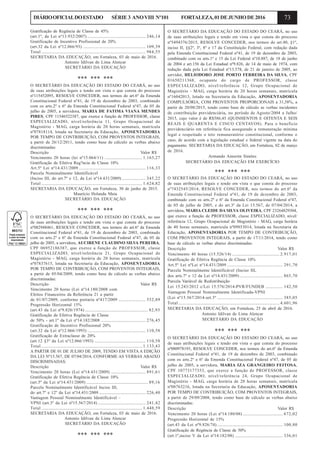 73DIÁRIOOFICIALDOESTADO SÉRIE3 ANOVIII Nº101 FORTALEZA,01DEJUNHODE2016
Gratificação de Regência de Classe de 45%
(art.1º, da Lei nº13.932/2007) ...................................................... 246,14
Gratificação de Incentivo Profissional de 20%
(art.32 da Lei nº12.066/93) .......................................................... 109,39
Total ................................................................................................. 984,55
SECRETARIA DA EDUCAÇÃO, em Fortaleza, 03 de maio de 2016.
Antonio Idilvan de Lima Alencar
SECRETÁRIO DA EDUCAÇÃO
*** *** ***
O SECRETÁRIO DA EDUCAÇÃO DO ESTADO DO CEARÁ, no uso
de suas atribuições legais e tendo em vista o que consta do processo
nº115452095, RESOLVE CONCEDER, nos termos do art.6º da Emenda
Constitucional Federal nº41, de 19 de dezembro de 2003, combinado
com os arts.2º e 6º da Emenda Constitucional Federal nº47, de 05 de
julho de 2005, a servidora, MARIA DE FATIMA VIANA MENDES
PIRES, CPF 11546522387, que exerce a função de PROFESSOR, classe
ESPECIALIZADO, nível/referência 11, Grupo Ocupacional de
Magistério - MAG, carga horária de 20 horas semanais, matrícula
nº07818114, lotada na Secretaria da Educação, APOSENTADORIA
POR TEMPO DE CONTRIBUIÇÃO, COM PROVENTOS INTEGRAIS,
a partir de 26/12/2011, tendo como base de cálculo as verbas abaixo
discriminadas:
Descrição Valor R$
Vencimento 20 horas (lei nº15.064/11) ................................... 1.163,27
Gratificação de Efetiva Reg?ncia de Classe 10%
Art.5º Lei nº14.431/2009 .............................................................. 116,33
Parcela Nominalmente Identificável
(Inciso III, do art.7º e 12, da Lei nº14.431/2009) ...................... 345,22
Total .............................................................................................. 1.624,82
SECRETARIA DA EDUCAÇÃO, em Fortaleza, 30 de junho de 2015.
Maurício Holanda Maia
SECRETÁRIO DA EDUCAÇÃO
*** *** ***
O SECRETÁRIO DA EDUCAÇÃO DO ESTADO DO CEARÁ, no uso
de suas atribuições legais e tendo em vista o que consta do processo
nº082948461, RESOLVE CONCEDER, nos termos do art.6º da Emenda
Constitucional Federal nº41, de 19 de dezembro de 2003, combinado
com os arts.2º e 6º da Emenda Constitucional Federal nº47, de 05 de
julho de 2005, a servidora, AUCIRENE CLAUDINO SILVA PEREIRA,
CPF 06952186387, que exerce a função de PROFESSOR, classe
ESPECIALIZADO, nível/referência 21, Grupo Ocupacional de
Magistério - MAG, carga horária de 20 horas semanais, matrícula
nº07837615, lotada na Secretaria da Educação, APOSENTADORIA
POR TEMPO DE CONTRIBUIÇÃO, COM PROVENTOS INTEGRAIS,
a partir de 05/04/2009, tendo como base de cálculo as verbas abaixo
discriminadas:
Descrição Valor R$
Vencimento 20 horas (Lei nº14.180/2008 com
Efeitos Financeiros da Referência 21 a partir
de 01/07/2009, conforme portaria nº417/2009 ......................... 552,89
Progressão Horizontal 15%
(art.43 da Lei nº9.826/1974) .......................................................... 82,93
Gratificação de Efetiva Regência de Classe
de 50% - art.1º da Lei nº14.182/2008 ......................................... 276,45
Gratificação de Incentivo Profissional 20%
(art.32 da Lei nº12.066/1993) ...................................................... 110,58
Gratificação de Extraclasse de 20%
(art.12 §3º da Lei nº12.066/1993) ............................................... 110,58
Total .............................................................................................. 1.133,43
A PARTIR DE 01 DE JULHO DE 2009, TENDO EM VISTA A EDIÇÃO
DA LEI Nº15.567, DE 07/04/2014, CONFORME AS VERBAS ABAIXO
DISCRIMINADAS:
Descrição Valor R$
Vencimento 20 horas (Lei nº14.431/2009) ................................ 891,61
Gratificação de Efetiva Regência de Classe 10%
(art.5º da Lei nº14.431/2009) ......................................................... 89,16
Parcela Nominalmente Identificável Inciso III,
do art.7º e 12º da Lei nº14.431/2009 ........................................... 226,40
Vantagem Pessoal Nominalmente Identificável –
VPNI (art.3º da Lei nº15.567/2014) ............................................ 241,42
Total .............................................................................................. 1.448,59
SECRETARIA DA EDUCAÇÃO, em Fortaleza, 03 de maio de 2016.
Antonio Idilvan de Lima Alencar
SECRETÁRIO DA EDUCAÇÃO
*** *** ***
O SECRETÁRIO DA EDUCAÇÃO DO ESTADO DO CEARÁ, no uso
de suas atribuições legais e tendo em vista o que consta do processo
nº5494376/2015, RESOLVE CONCEDER, nos termos do art.40, §1º,
inciso II, §§2º, 3º, 8º e 17 da Constituição Federal, com redação dada
pela Emenda Constitucional Federal nº41, de 19 de dezembro de 2003,
combinado com os arts.1º e 15 da Lei Federal nº10.887, de 18 de junho
de 2004 e art.156 da Lei Estadual nº9.826, de 14 de maio de 1974, com
redação dada pela Lei Estadual nº13.578, de 21 de janeiro de 2005, ao
servidor, HELIODORO JOSE PORTO FERREIRA DA SILVA, CPF
01650211368, ocupante do cargo de PROFESSOR, classe
ESPECIALIZADO, nível/referência 12, Grupo Ocupacional de
Magistério - MAG, carga horária de 20 horas semanais, matrícula
nº16042013, lotado na Secretaria da Educação, APOSENTADORIA
COMPULSÓRIA, COM PROVENTOS PROPORCIONAIS a 31,58%, a
partir de 20/08/2015, tendo como base de cálculo as verbas incidentes
de contribuição previdenciária, no período de Agosto/2004 a Julho/
2015, cujo valor é de R$586,45 (QUINHENTOS E OITENTA E SEIS
REAIS E QUARENTA E CINCO CENTAVOS). Para o beneficio
previdenciário em referência fica assegurado a remuneração mínima
legal e respeitado o teto remuneratório constitucional, conforme o
caso, de acordo com a legislação estadual e federal vigente na data do
pagamento. SECRETARIA DA EDUCAÇÃO, em Fortaleza, 02 de março
de 2016.
Armando Amorim Simões
SECRETÁRIO DA EDUCAÇÃO EM EXERCÍCIO
*** *** ***
O SECRETÁRIO DA EDUCAÇÃO DO ESTADO DO CEARÁ, no uso
de suas atribuições legais e tendo em vista o que consta do processo
nº7432545/2014, RESOLVE CONCEDER, nos termos do art.6º da
Emenda Constitucional Federal nº41, de 19 de dezembro de 2003,
combinado com os arts.2º e 6º da Emenda Constitucional Federal nº47,
de 05 de julho de 2005, e do art.3º da Lei 15.567, de 07/04/2014, a
servidora, MARIA CLEIDE DA SILVA OLIVEIRA, CPF 23264829304,
que exerce a função de PROFESSOR, classe ESPECIALIZADO, nível/
referência 12, Grupo Ocupacional de Magistério - MAG, carga horária
de 40 horas semanais, matrícula nº09853014, lotada na Secretaria da
Educação, APOSENTADORIA POR TEMPO DE CONTRIBUIÇÃO,
COM PROVENTOS INTEGRAIS, a partir de 17/11/2014, tendo como
base de cálculo as verbas abaixo discriminadas:
Descrição Valor R$
Vencimento 40 horas (15.526/14) ............................................ 2.917,01
Gratificação de Efetiva Regência de Classe 10%
Art.5º Lei nºLei nº14.431/2009 .................................................... 291,70
Parcela Nominalmente Identificável (Inciso III,
dos arts.7º e 12 da Lei nº14.431/2009) ........................................ 865,70
Parcela Variável de Redistribuição
Lei 15.243/2012 c/Lei 15.576/2014-PVR/FUNDEB ................ 142,50
Vantagem Pessoal Nominalmente Identificada-VPNI
(Lei nº15.567/2014-art.3º ............................................................. 385,05
Total .............................................................................................. 4.601,96
SECRETARIA DA EDUCAÇÃO, em Fortaleza, 25 de abril de 2016.
Antonio Idilvan de Lima Alencar
SECRETÁRIO DA EDUCAÇÃO
*** *** ***
O SECRETÁRIO DA EDUCAÇÃO DO ESTADO DO CEARÁ, no uso
de suas atribuições legais e tendo em vista o que consta do processo
nº080978193, RESOLVE CONCEDER, nos termos do art.6º da Emenda
Constitucional Federal nº41, de 19 de dezembro de 2003, combinado
com os arts.2º e 6º da Emenda Constitucional Federal nº47, de 05 de
julho de 2005, a servidora, MARIA IZA GRANGEIRO FEITOSA,
CPF 10773177353, que exerce a função de PROFESSOR, classe
ESPECIALIZADO, nível/referência 24, Grupo Ocupacional de
Magistério - MAG, carga horária de 20 horas semanais, matrícula
nº08763216, lotada na Secretaria da Educação, APOSENTADORIA
POR TEMPO DE CONTRIBUIÇÃO, COM PROVENTOS INTEGRAIS,
a partir de 29/09/2008, tendo como base de cálculo as verbas abaixo
discriminadas:
Descrição Valor R$
Vencimento 20 horas (Lei nº14.180/08) ..................................... 672,02
Progressão Horizontal de 15%
(art.43 da Lei nº9.826/74) ............................................................. 100,80
Gratificação de Regência de Classe de 50%
(art.1º,inciso V da Lei nº14.182/08) ............................................ 336,01
 