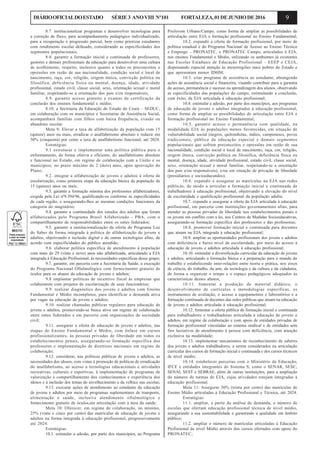 9DIÁRIOOFICIALDOESTADO SÉRIE3 ANOVIII Nº101 FORTALEZA,01DEJUNHODE2016
8.7. institucionalizar programas e desenvolver tecnologias para
a correção de fluxo, para acompanhamento pedagógico individualizado,
para a recuperação e progressão parcial, bem como priorizar estudantes
com rendimento escolar defasado, considerando as especificidades dos
segmentos populacionais;
8.8. garantir a formação inicial e continuada de professores,
gestores e demais profissionais da educação para desenvolver uma cultura
de acolhimento, respeito, inclusive quanto a todos os preconceitos e
opressões em razão de sua nacionalidade, condição social e local de
nascimento, raça, cor, religião, origem étnica, convicção política ou
filosófica, deficiência física ou mental, doença, idade, atividade
profissional, estado civil, classe social, sexo, orientação sexual e moral
familiar, respeitando-se a orientação dos pais e/ou responsáveis;
8.9. garantir acesso gratuito a exames de certificação da
conclusão dos ensinos fundamental e médio;
8.10. a Secretaria da Educação do Estado do Ceará – SEDUC,
em colaboração com os municípios e Secretarias de Assistência Social,
acompanhará famílias com filhos com baixa frequência, evasão ou
abandono escolar.
Meta 9: Elevar a taxa de alfabetização da população com 15
(quinze) anos ou mais, erradicar o analfabetismo absoluto e reduzir em
50% (cinquenta) por cento a taxa de analfabetismo funcional, até 2024.
Estratégias:
9.1 estruturar e implementar uma política pública para o
enfrentamento, de forma efetiva e eficiente, do analfabetismo absoluto
e funcional no Estado, em regime de colaboração com a União e os
municípios, no prazo máximo de 2 (dois) anos, após aprovação do
Plano;
9.2. integrar a alfabetização de jovens e adultos à oferta de
escolarização, como primeira etapa da educação básica da população de
15 (quinze) anos ou mais;
9.3. garantir a formação mínima dos professores alfabetizadores,
exigida pela Lei nº9.394/96, qualificando-os conforme as especificidades
de cada região, e assegurando-lhes as mesmas condições funcionais da
categoria do magistério;
9.4. garantir a continuidade dos estudos dos adultos que foram
alfabetizados pelo Programa Brasil Alfabetizado - PBA, com o
compartilhamento de responsabilidades entre os entes federados;
9.5. garantir a institucionalização da oferta do Programa Luz
do Saber de forma integrada à política de alfabetização de jovens e
adultos, objetivando a inclusão digital e de outras tecnologias afins, de
acordo com especificidades do público atendido;
9.6. elaborar política específica de atendimento à população
com mais de 29 (vinte e nove) anos não alfabetizada, articulando a EJA
integrada à Educação Profissional, às necessidades específicas desse grupo;
9.7. garantir, em parceria com a Secretaria da Saúde, a execução
do Programa Nacional Oftalmológico com fornecimento gratuito de
óculos para os alunos da educação de jovens e adultos;
9.8 implantar políticas de incentivo fiscal às empresas que
colaborarem com projetos de escolarização de seus funcionários;
9.9. realizar diagnóstico dos jovens e adultos com Ensino
Fundamental e Médio incompletos, para identificar a demanda ativa
por vagas na educação de jovens e adultos;
9.10. realizar chamadas públicas regulares para educação de
jovens e adultos, promovendo-se busca ativa em regime de colaboração
entre entes federados e em parceria com organizações da sociedade
civil;
9.11. assegurar a oferta de educação de jovens e adultos, nas
etapas de Ensino Fundamental e Médio, com ênfase em cursos
profissionalizantes, às pessoas privadas de liberdade em todos os
estabelecimentos penais, assegurando-se formação específica dos
professores e implementação de diretrizes nacionais em regime de
colaboração;
9.12. considerar, nas políticas públicas de jovens e adultos, as
necessidades dos idosos, com vistas à promoção de políticas de erradicação
do analfabetismo, ao acesso a tecnologias educacionais e atividades
recreativas, culturais e esportivas, à implementação de programas de
valorização e compartilhamento dos conhecimentos e experiência dos
idosos e à inclusão dos temas do envelhecimento e da velhice nas escolas;
9.13. executar ações de atendimento ao estudante da educação
de jovens e adultos por meio de programas suplementares de transporte,
alimentação e saúde, inclusive atendimento oftalmológico e
fornecimento gratuito de óculos,em articulação com a área da saúde.
Meta 10: Oferecer, em regime de colaboração, no mínimo,
25% (vinte e cinco por cento) das matrículas de educação de jovens e
adultos na forma integrada à educação profissional, progressivamente
até 2024.
Estratégias:
10.1. estimular a adesão, por parte dos municípios, ao Programa
ProJovem Urbano/Campo, como forma de ampliar as possibilidades de
articulação entre EJA e formação profissional no Ensino Fundamental;
10.2. expandir a oferta de formação profissional, por meio de
política estadual e do Programa Nacional de Acesso ao Ensino Técnico
e Emprego – PRONATEC, e PRONATEC Campo, articulados à EJA,
nos ensinos Fundamental e Médio, utilizando os ambientes já existentes
nas Escolas Estaduais de Educação Profissional – EEEP e CEJA,
dispensando especial atenção às mesorregiões mais pobres do Estado e
que apresentam menor IDHM;
10.3. criar programa de assistência ao estudante, abrangendo
ações de assistência social e financeira, visando contribuir para a garantia
do acesso, permanência e sucesso na aprendizagem dos alunos, observando
as especificidades das populações do campo, estimulando a conclusão,
com êxito, da EJA articulada à educação profissional;
10.4. estimular a adesão, por parte dos municípios, aos programas
de educação de jovens e adultos integrados à educação profissional,
como forma de ampliar as possibilidades de articulação entre EJA e
formação profissional no Ensino Fundamental;
10.5. garantir acesso e permanência com qualidade, na
modalidade EJA às populações menos favorecidas, em situação de
vulnerabilidade social (negros, quilombolas, índios, camponeses, povos
tradicionais, público da educação especial e demais segmentos
populacionais que sofrem preconceitos e opressões em razão de sua
nacionalidade, condição social e local de nascimento, raça, cor, religião,
origem étnica, convicção política ou filosófica, deficiência física ou
mental, doença, idade, atividade profissional, estado civil, classe social,
sexo, orientação sexual e moral familiar, respeitando-se a orientação
dos pais e/ou responsáveis), e/ou em situação de privação de liberdade
(presidiários e socioeducandos);
10.6. expandir e assegurar as matrículas na EJA nas redes
públicas, de modo a articular a formação inicial e continuada de
trabalhadores à educação profissional, objetivando a elevação do nível
de escolaridade e qualificação profissional da população adulta;
10.7. expandir e assegurar a oferta da EJA articulada à educação
profissional, em parceria com instituições governamentais afins, para
atender as pessoas privadas de liberdade nos estabelecimentos penais e
os jovens em conflito com a lei, nos Centros de Medidas Socioeducativas,
assegurando-se formação específica dos professores e das professoras;
10.8. promover formação inicial e continuada para docentes
que atuam na EJA integrada à educação profissional;
10.9. ampliar as oportunidades profissionais dos jovens e adultos
com deficiência e baixo nível de escolaridade, por meio do acesso à
educação de jovens e adultos articulada à educação profissional;
10.10. estimular a diversificação curricular da educação de jovens
e adultos, articulando a formação básica e a preparação para o mundo do
trabalho e estabelecendo inter-relações entre teoria e prática, nos eixos
da ciência, do trabalho, da arte, da tecnologia e da cultura e da cidadania,
de forma a organizar o tempo e o espaço pedagógicos adequados às
características desses alunos;
10.11. fomentar a produção de material didático, o
desenvolvimento de currículos e metodologias específicas, os
instrumentos de avaliação, o acesso a equipamentos e laboratórios e a
formação continuada de docentes das redes públicas que atuam na educação
de jovens e adultos articulada à educação profissional;
10.12. fomentar a oferta pública de formação inicial e continuada
para trabalhadores e trabalhadoras articulada à educação de jovens e
adultos, em regime de colaboração e com apoio de entidades privadas de
formação profissional vinculadas ao sistema sindical e de entidades sem
fins lucrativos de atendimento à pessoa com deficiência, com atuação
exclusiva na modalidade;
10.13. implementar mecanismos de reconhecimento de saberes
dos jovens e adultos trabalhadores, a serem considerados na articulação
curricular dos cursos de formação inicial e continuada e dos cursos técnicos
de nível médio;
10.14. estabelecer parcerias com o Ministério da Educação,
IFCE e entidades integrantes do Sistema S, como o SENAR, SESC,
SENAI, SEST e SEBRAE, além de outras instituições, para a ampliação
do número de turmas de EJA, cujas atividades estejam integradas à
educação profissional.
Meta 11: Assegurar 30% (trinta por cento) das matrículas de
Ensino Médio articuladas à Educação Profissional e Técnica, até 2024.
Estratégias:
11.1. ampliar, a partir da análise de demanda, o número de
escolas que ofertam educação profissional técnica de nível médio,
assegurando a sua sustentabilidade e garantindo a qualidade em âmbito
público;
11.2. ampliar o número de matrículas articuladas à Educação
Profissional de nível Médio através dos cursos ofertados com apoio do
PRONATEC;
 