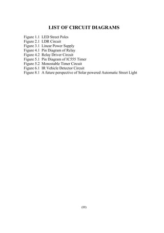 LIST OF CIRCUIT DIAGRAMS
Figure 1.1 LED Street Poles
Figure 2.1 LDR Circuit
Figure 3.1 Linear Power Supply
Figure 4.1 Pin Diagram of Relay
Figure 4.2 Relay Driver Circuit
Figure 5.1 Pin Diagram of IC555 Timer
Figure 5.2 Monostable Timer Circuit
Figure 6.1 IR Vehicle Detector Circuit
Figure 8.1 A future perspective of Solar powered Automatic Street Light
(III)
 