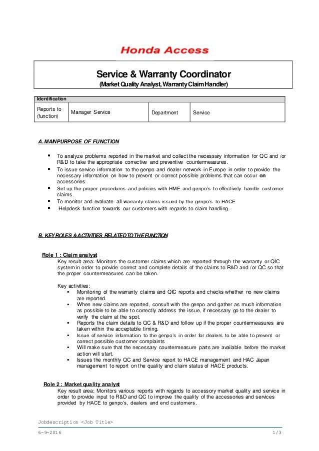 Service & Warranty Coordinator