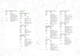 BRUNELLO DI MONTALCINO D.O.C.G.
per fles		 80,00
Wijnhuis:	Belpoggio
Kleur:		 Diep robijnrood
Geur:		 Geur van sigarendozen, 		
		 bloemen, bessen, viooltjes, 	
		 rozijnen, kruiden, ceder, jam 	
		 en een rokerigheid
Smaak:		 Verleidelijk, zacht en romig 	
		 van smaak met tonen van 	
		 bosbessen en bramen
Lekker bij:	 Rood vleesgerechten, wild en 	
		gerijpte kazen
VINI BIANCHI
Witte wijnen
TREBBIANO D’ABRUZZO D.O.C.
per glas		 3,50
per ½ ltr	 8,75
per 1 ltr		 14,50
per fles 1 ltr		 17,00
Wijnhuis:	 Barone Montella
Kleur:		 Strogeel met lichtgroene 		
		 reflexen
Geur:		 Fris, aangenaam en licht 		
		fruitig
Smaak:		 Vol en zeer harmonisch
Lekker bij:	 Voorgerechten, visgerechten 	
		 of als aperitief
LAMBRUSCO BIANCO I.G.P.
per glas		 3,50
per ½ ltr	 8,75
per 1 ltr		 14,50
Wijnhuis:	 Domus Vini
Kleur:		 Strogeel	
Geur:		 Bloemen en fruit
Smaak:		 Lichtzoet en mousserend
Lekker bij:	 Voorgerechten of als 		
		aperitief 	
VILLA BIANCHI, VERDICCHIO
CLASSICO D.O.C.
per glas		 4,75
per fles		 19,50
Wijnhuis:	 Umani Ronchi
Kleur:		 Strogeel met lichtgroene 		
		 reflexen
Geur:		 Fijne, intense geur met 		
		 nuances van fruit en bloemen
Smaak:		 Mooi droog en sappig van 	
		 smaak, met een typisch
		 Verdicchio bittertje in
		de afdronk
Lekker bij:	 Visgerechten
FRASCATI SUPERIORE SECCO D.O.C.
per glas		 5,00
per fles		 23,50
Wijnhuis:	 Colli di Cantone
Kleur:		 Briljant lichtgeel
Geur:		 Vriendelijk en zacht van geur, 	
		 nuances van honing,
		 witte bloemen en frisse 		
		 meloen met kleine vleugjes
		 citroen, verse kruiden en 		
		frisse mineralen
Smaak:		 Droge, zeer frisse en fruitige 	
		 smaak met evenwichtige
		 structuur en minerale 		
		afdronk
Lekker bij:	 Soepen en visgerechten of
		als aperitief
LA CALA VERMENTINO DI
SARDEGNA D.O.C.
per glas		 5,50
per fles		 25,50
Wijnhuis:	 Sella E Mosca
Kleur:		 Strogeel met groene reflexen
Geur:		 Elegante, frisse geur van 		
		 perzik, ananas en druiven
Smaak:		 Intens en verrassend 		
		 lichtvoetig van smaak met 	
		 frisse fruitzuren, licht 		
		 mineralig met een prettige 	
		afdronk
Lekker bij:	 Salades, 	visgerechten, wit 	
		 vleesgerechten of als aperitief
PINOT GRIGIO
per glas		 5,50
per fles		 25,50
Wijnhuis:	Luisa
Kleur:		 Helder strogeel
Geur:		 Frisse geur van 			
		 acaciabloesem en tropische 	
		vruchten
Smaak:		 Fruitig en compleet van 		
		 smaak met een fascinerende
		elegante frisheid
Lekker bij:	 Salades, 	visgerechten, wit 	
		 vleesgerechten of als aperitief
CHARDONNAY TRENTINO D.O.C.
per glas		 5,75
per fles		 26,50
Wijnhuis:	Cavit
Kleur:		 Briljant strogeel met groene 	
		 reflexen
Geur:		 Lichte, frisse en fruitige geur 	
		 met nuances van tropisch 		
		 fruit en vanille
Smaak:		 Rijk, vol en aangenaam zacht 	
		 met een geweldige
		afdronk
Lekker bij:	 Pasta en gevogelte
GAVI DEL COMUNE DI GAVI	
per glas		 6,00
per fles		 29,50
Wijnhuis:	 Enrico Serafino
Kleur:		 Strogeel met groene reflexen
Geur:		 Zacht met tonen van vers fruit 	
		 en witte bloesem
Smaak:		 Droog en verfrissend van 		
		 smaak, opwekkend en mooi
		in evenwicht
Lekker bij:	 Voorgerechten, visgerechten, 	
		 risotto en wit vleesgerechten
FIANO D’AVELINO RADICI D.O.C.G.
per glas		 6,50
per fles		 32,00
Wijnhuis:	Mastroberardino
Kleur:		 Strogeel
Geur:		 Peer, ananas, acacia en 		
		geroosterde noten
Smaak:		 Mooi gebalanceerd van 		
		 smaak met fijne zuren en
		 aroma’s van witte perzik, 		
		 grapefruit en amandelen
Lekker bij:	 Visgerechten en wit 		
		vleesgerechten
 
