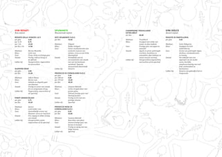 VINI ROSATI
Rose wijnen
ROSATO DELLE VENEZIE I.G.T.	
per glas		 3,50
per ½ ltr	 8,75
per 1 ltr		 14,50
per fles 1 ltr	 17,00
Wijnhuis:	 Barone Montella
Kleur:		 Licht roze
Geur:		 Frisse, lichte en fruitige geur
Smaak:		 Fruitig, mild en droog in
		de afdronk
Lekker bij:	 Voorgerechten, visgerechten 	
		en zeevruchten
ALGHERO ROSE
per glas		 5,00
per fles		 21,50
Wijnhuis:	 Sella E Mosca
Kleur:		 Kersen roze
Geur:		 Subtiele en elegante geur
		van bloemen
Smaak:		 Fruitig en zuiver van smaak, 	
		 fris en aangenaam droog
Lekker bij:	 Visgerechten, zeevruchten of 	
		als aperitief
PINOT GRIGIO BLUSH
per glas		 5,75
per fles		 24,50
Wijnhuis:	Sartori
Kleur:		 Licht helder roze
Geur:		 Aantrekkelijk aroma van 		
		 bloemen, citrus en rood fruit
Smaak:		 Fris, sappig en lekker fruitig 	
		van smaak
Lekker bij:	 Voorgerechten, pasta, 		
		 visgerechten of als aperitief
SPUMANTE
Mousserende wijnen
ASTI SPUMANTE D.O.C.
per fles		 19,50
Wijnhuis:	Filipetti
Kleur:		 Helder lichtgeel
Geur:		 Zuiver muskaataroma met 	
		 exotische nuances van
		 meloen, citrus en een lichte 	
		bloemigheid
Smaak:		 Verleidelijk zoet en 		
		 verrassend fris van smaak 	
		 met een harmonieuze 		
		 zachtheid. Typische 		
		mousserende dessertwijn
Lekker bij:	 Desserts
PROSECCO DI CONEGLIANO D.O.C.
per glas		 5,50
per 200 ml	 8,00
per 375 ml	 14,50				
per fles 		 28,50
Wijnhuis:	 Carpene Malvolti		
Kleur:		 Lichte strogele kleur met 		
		groene glans
Geur:		 Delicaat fruitige geur met 	
		bloemig parfum
Smaak:		 Fruitig en fris met een 		
		prettige mousse
Lekker als:	 Aperitief
PROSECCO ROSE DI
CONEGLIANO D.O.C.	
per glas		 6,50
per fles		 32,00
Wijnhuis:	 Carpene Malvolti
Kleur:		 Roze kleur met glans
Geur:		 Intense fruitige geur van 		
		 kersen en bramen
Smaak:		 Fruitig en stevig met een 		
		lange mousse
Lekker als:	 Aperitief
CHAMPAGNE TROUILLIARD
EXTRA BRUT	
per fles		 60,00
Wijnhuis:	Trouilliard
Kleur:		 Goudgeel met schijn van 		
		 amber en fijne bubbels
Geur:		 Fruitige geur van appel en 	
		amandel
Smaak:		 Appels en peren, gedroogde 	
		 vruchten, hazelnoot en
		 amandelen, fijne belletjes en 	
		 mooie mousse vorming
Lekker bij:	 Voorgerechten,visgerechten, 	
		 zeevruchten of als aperitief
VINI DOLCE
Dessert wijnen
PASSITO DI PANTELLERIA
per glas		 4,50
Wijnhuis: 	 Carlo Pellegrino
Kleur: 		 Goudgeel tot licht 		
		amberkleurig
Geur: 		 Aroma van gedroogde vijgen, 	
		abrikoos, muskaatdruiven
		en honing
Smaak: 		 Verrukkelijk zoet met 		
		 tegenspel van de zachte 		
		zuren, heerlijke 			
		 smaakvoortzetting met veel 	
		 fruit, aanhoudend en
		harmonieus
Lekker bij: 	 Desserts met gekonfijt fruit en 	
		Gorgonzola
 